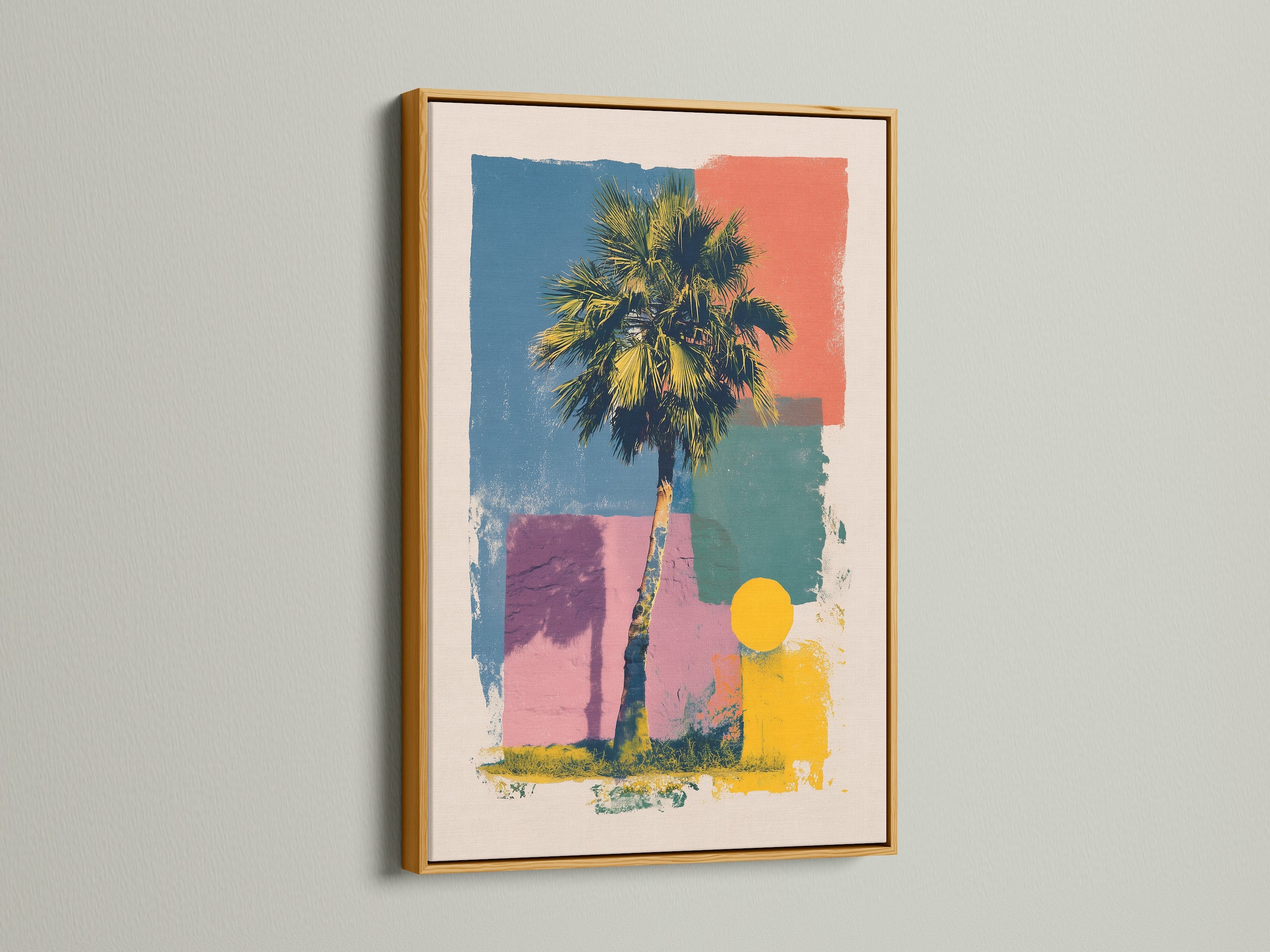 Artwork in a gold frame is mounted on a wall. The artwork includes a palm tree and geometric shapes in multiple colors. The gold frame adds a luxurious and elegant touch. Perfect for adding a piece of framed artwork to your space.