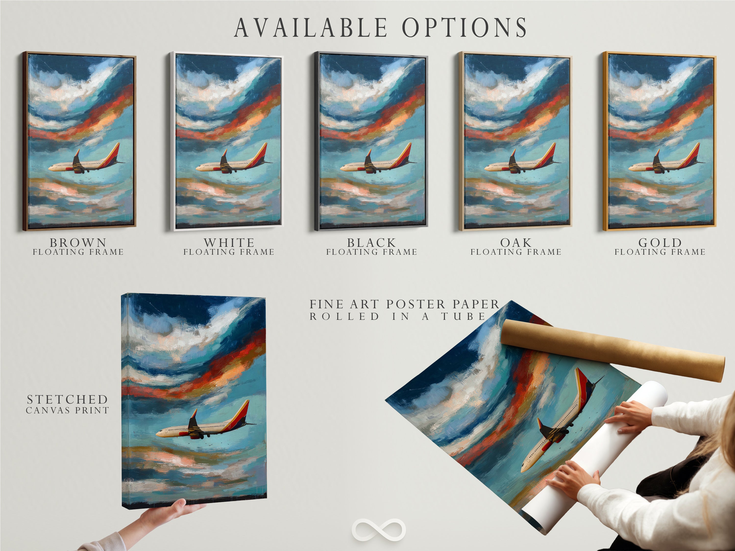 Available options for airplane artwork are displayed. Choose from stretched canvas print fine art poster paper or floating frame options. Find the perfect aviation art to match your style and decor. Ideal gifts for pilots and aviation fans.