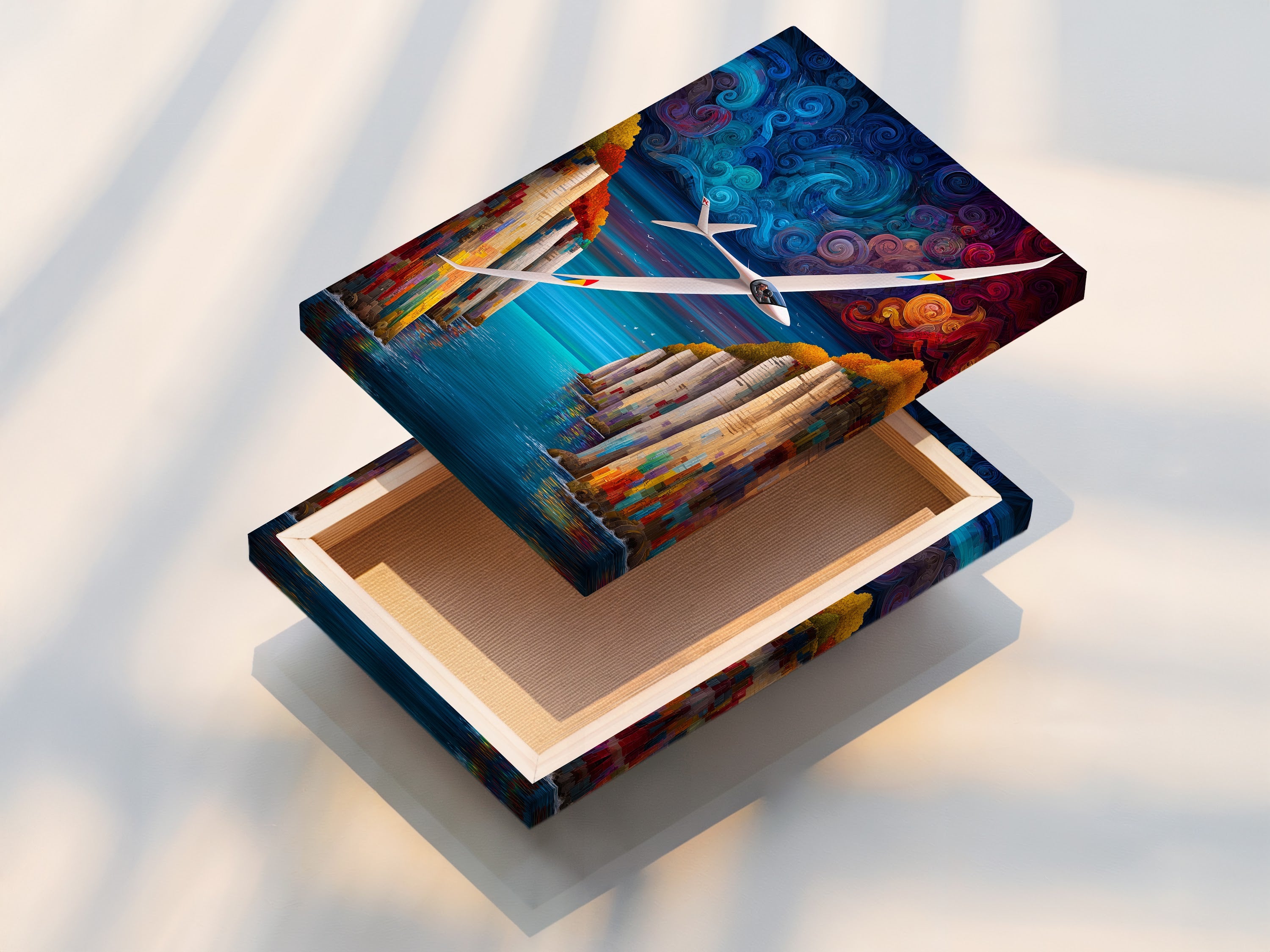 A stretched canvas print featuring a sailplane. This aviation art shows a vibrant cliff landscape. This piece is ready to hang and perfect for adding color to any space. A great piece for living rooms