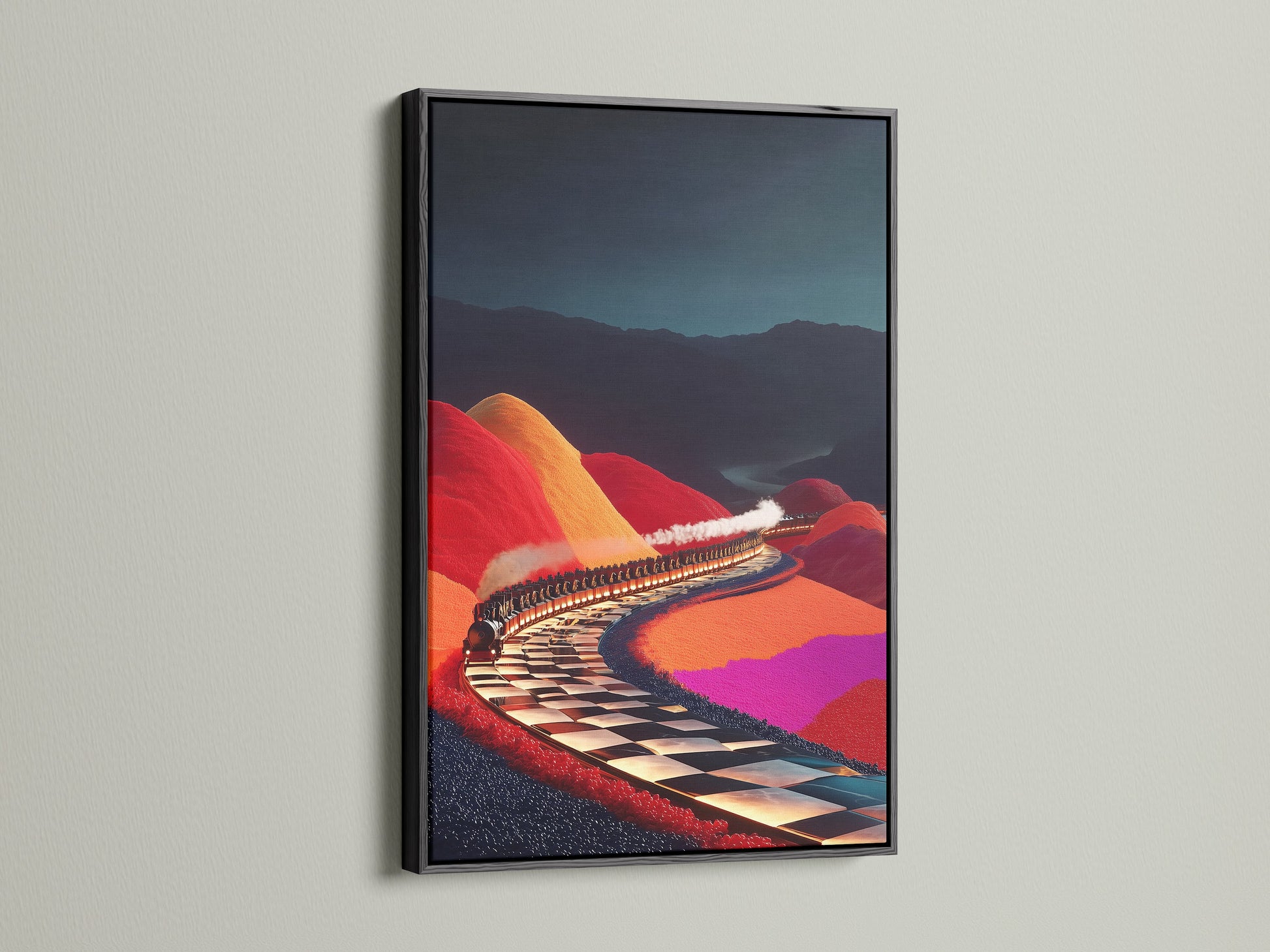Surreal Train Ride artwork with a black frame. It's a fantasy canvas print. This train wall art is ideal for game room decor. Add a touch of imagination with this whimsical artwork. The colorful art print creates a vibrant atmosphere. Perfect for unique wall decor.
