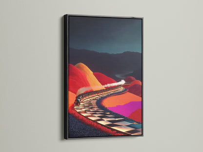 Surreal Train Ride artwork with a black frame. It's a fantasy canvas print. This train wall art is ideal for game room decor. Add a touch of imagination with this whimsical artwork. The colorful art print creates a vibrant atmosphere. Perfect for unique wall decor.