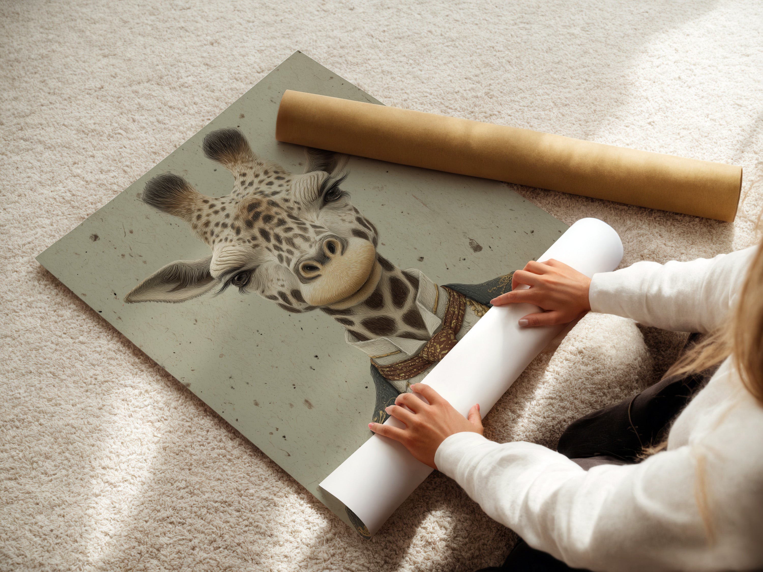 A woman rolls a fine art poster paper featuring a vintage gentleman giraffe. This image shows the care in handling the artwork. Fine art paper provides a unique texture and finish. Get your own fine art poster paper today.