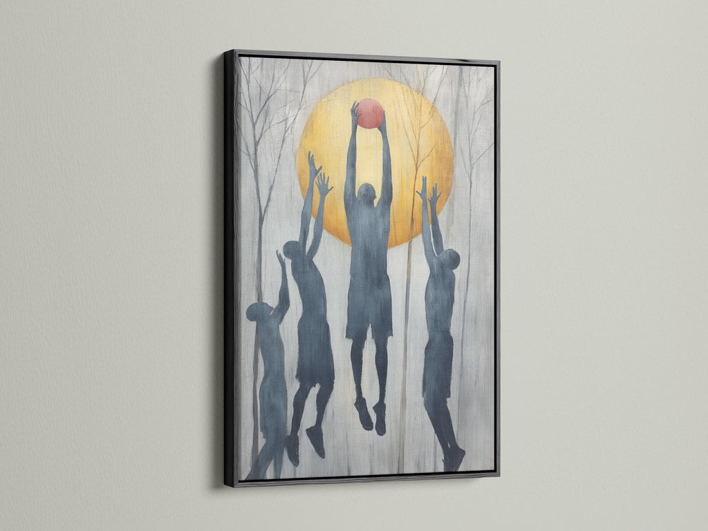 A striking black frame encases a basketball silhouette art piece. It's a modern sports wall art choice for a game room or boy's room. The grey and gold tones of the athletic artwork pop against the dark frame. Discover this team spirit print. Perfect for a contemporary athletic space.