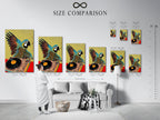 A size comparison chart is displayed in an interior setting. This chart helps visualize the artwork's dimensions in a room. Choose the perfect size for your space. See how the parrot DJ art fits your wall.