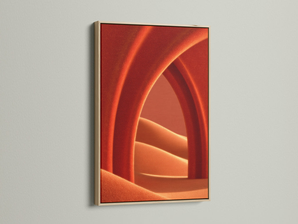 Abstract Terracotta Wall Art displayed in an oak frame. This earth tone print brings warmth to any space. A modern minimalist poster ideal for bedroom wall decor. The abstract canvas complements contemporary styles. It's great for minimalist art enthusiasts.