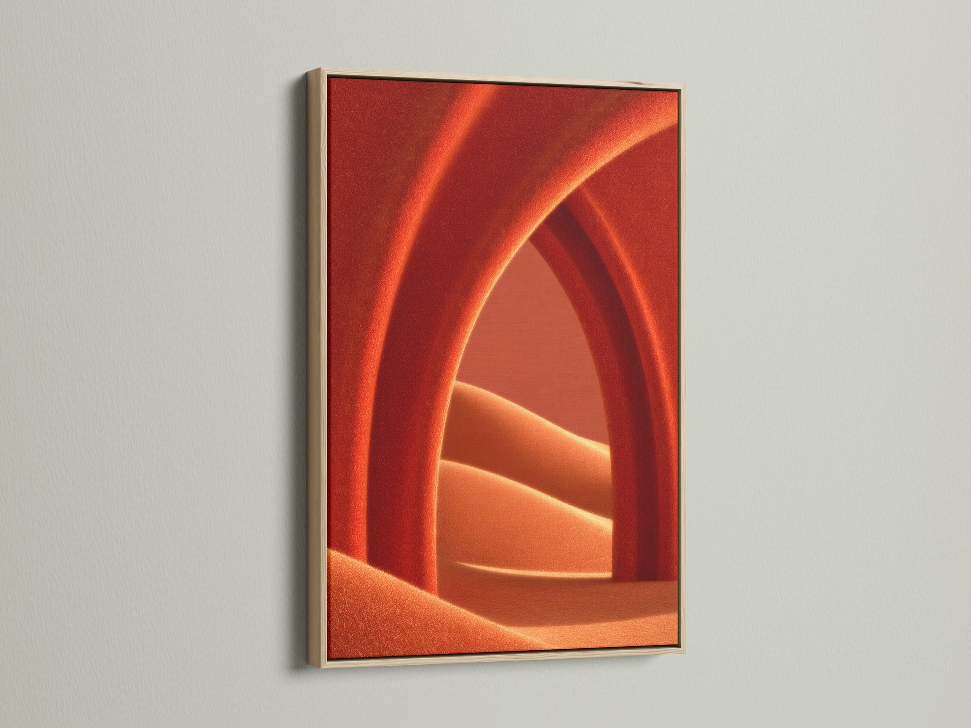 Abstract Terracotta Wall Art displayed in an oak frame. This earth tone print brings warmth to any space. A modern minimalist poster ideal for bedroom wall decor. The abstract canvas complements contemporary styles. It's great for minimalist art enthusiasts.