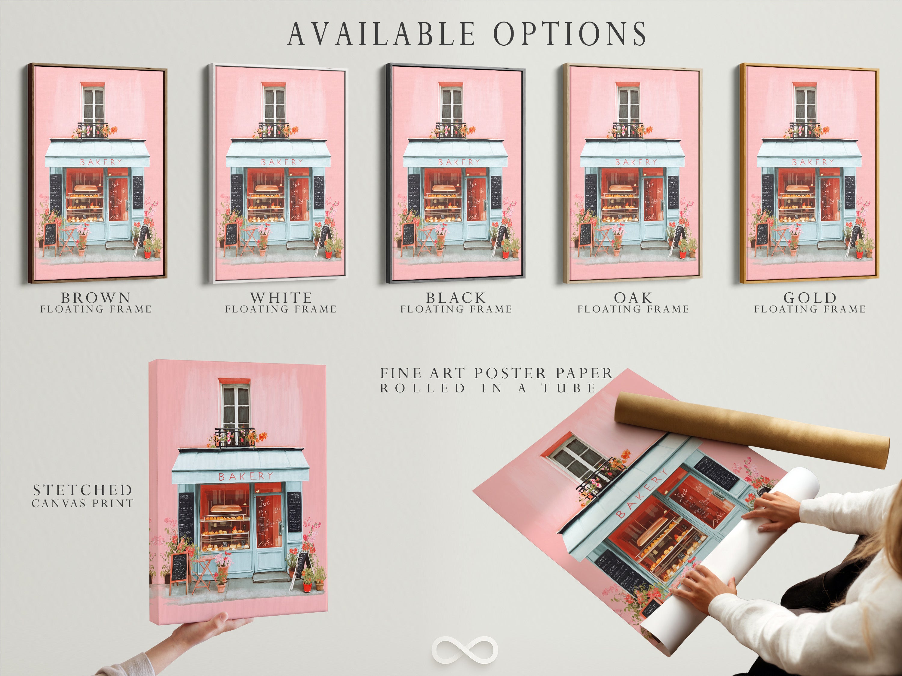 Available options for art prints. This includes a stretched canvas print a fine art poster paper and a floating frame. Customers can select their preferred format to match their style and decor. These options provide versatility and customization for art enthusiasts.