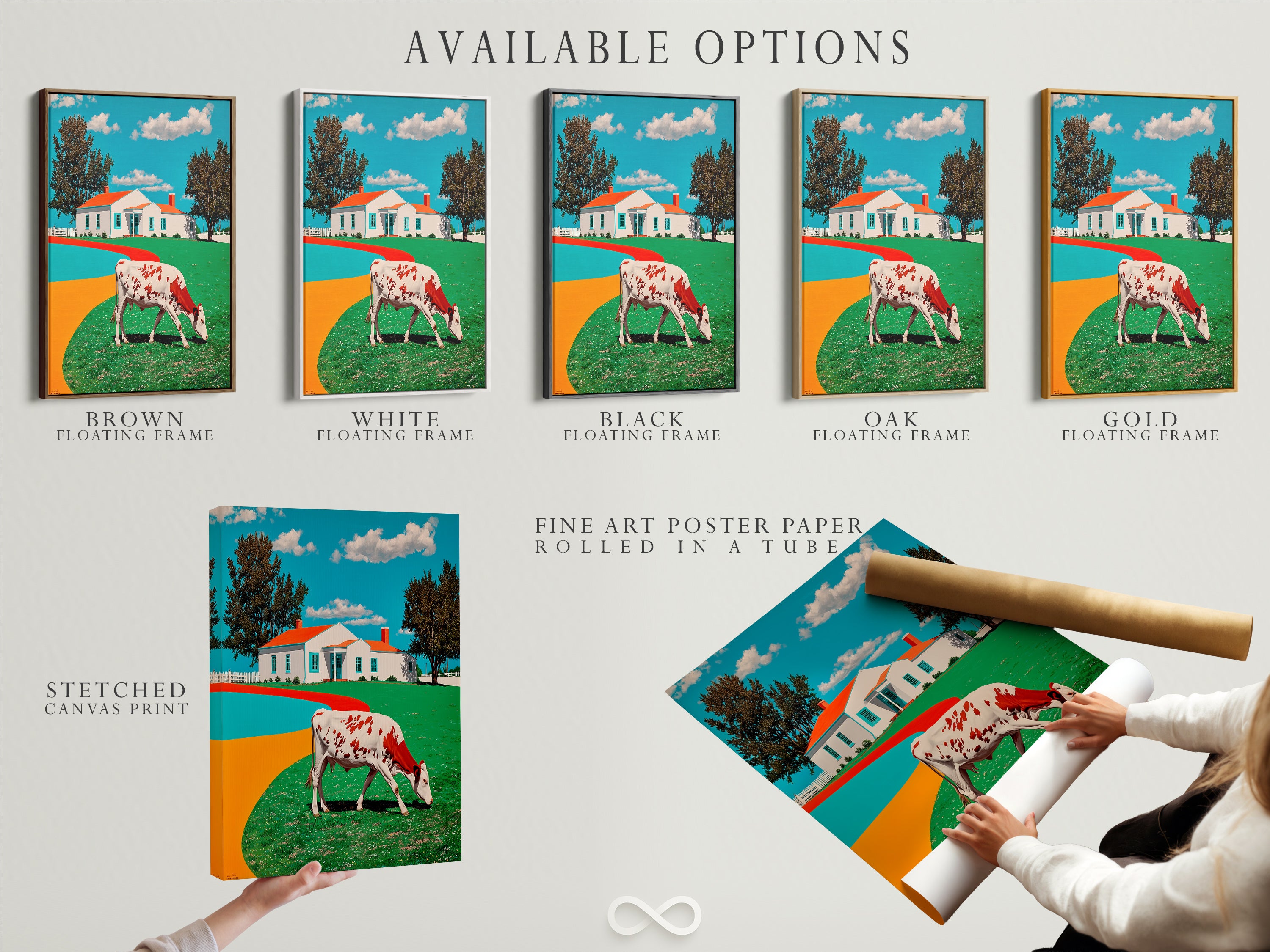 Available options for a cow canvas print. Choose between a stretched canvas print a fine art poster or a floating frame. Customize your farmhouse wall art to suit your style. Perfect for kitchen art or living room decor. Explore these options to create the perfect rustic animal artwork. Personalize your space with these versatile choices.