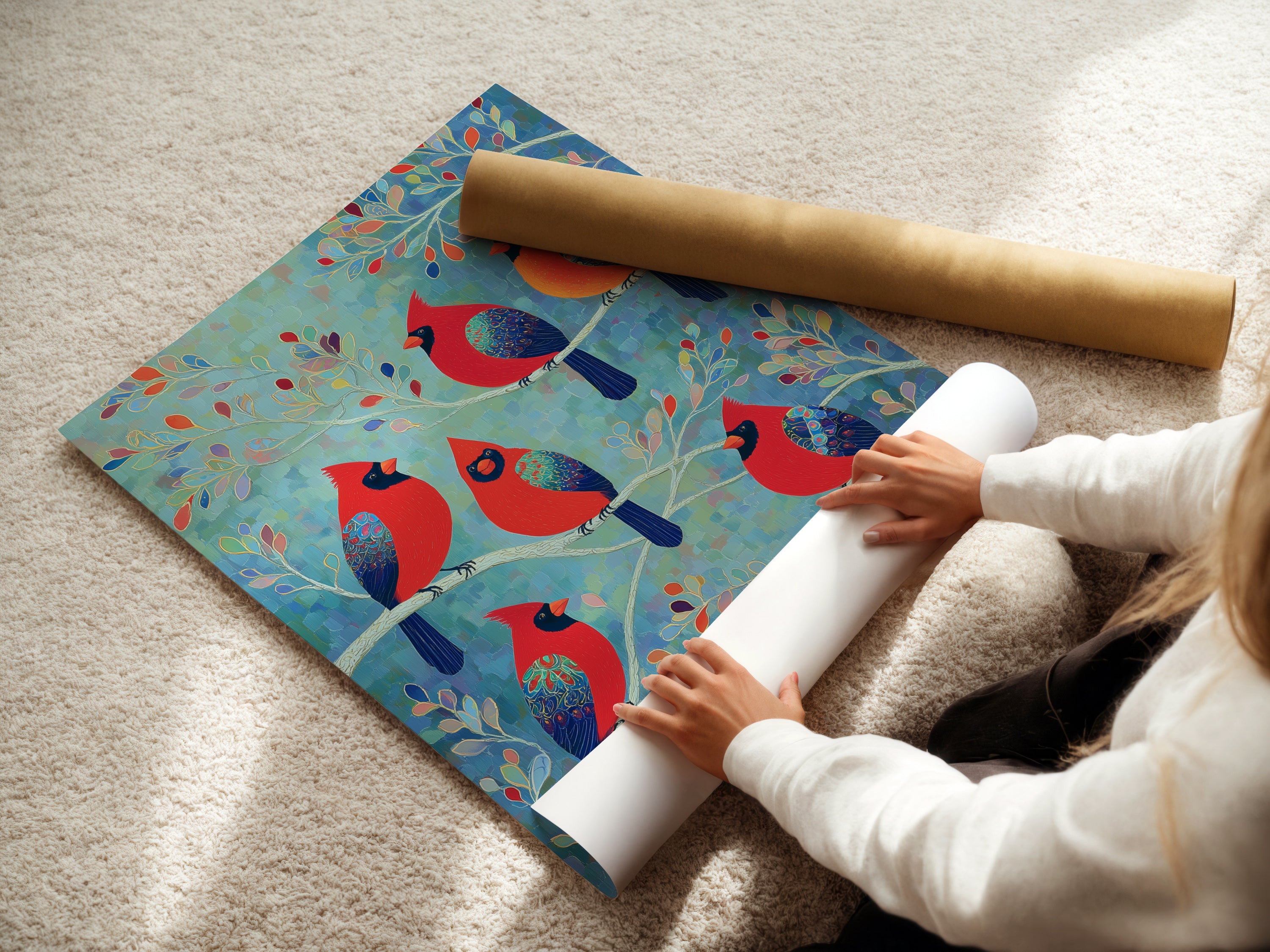 A woman is carefully rolling a fine art poster paper featuring the 'Cardinal Birds' artwork. This high-quality print captures the colorful birds. Ideal for bird watching art and wildlife art.