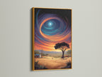 A gold frame enhances this galaxy wall art. The surreal landscape canvas print features a fantasy sky. It brings a touch of cosmic art to your living space. This celestial print is a standout.