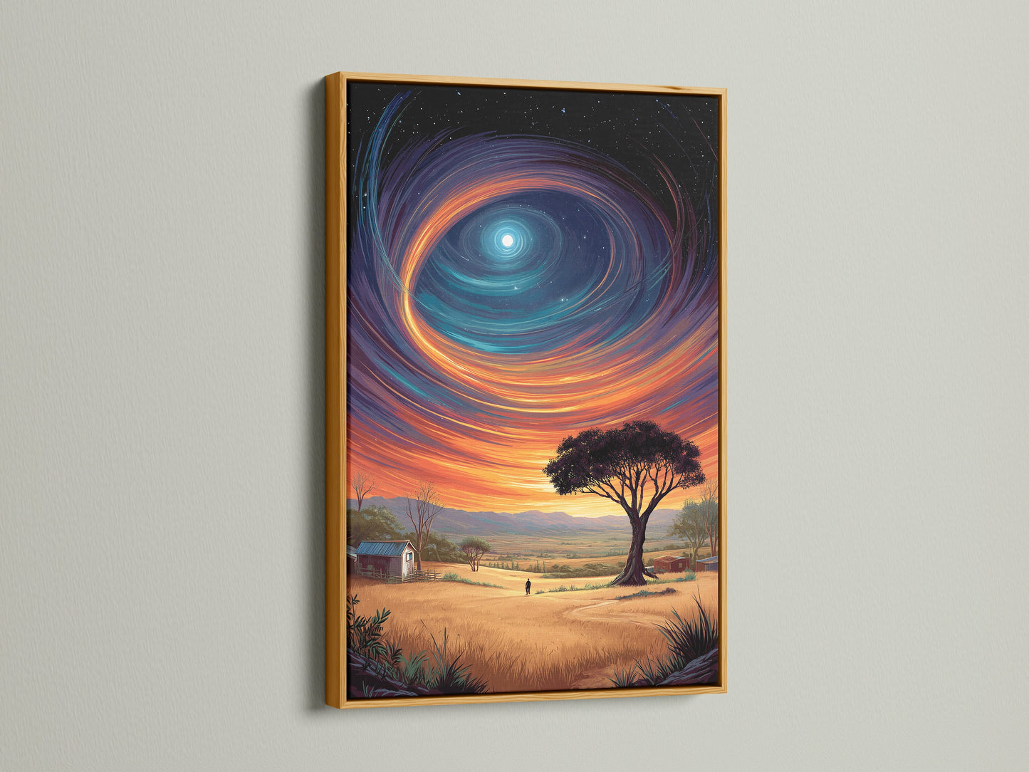 A gold frame enhances this galaxy wall art. The surreal landscape canvas print features a fantasy sky. It brings a touch of cosmic art to your living space. This celestial print is a standout.