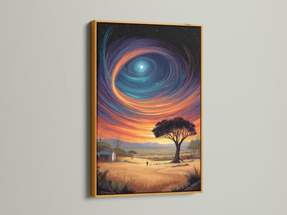 A gold frame enhances this galaxy wall art. The surreal landscape canvas print features a fantasy sky. It brings a touch of cosmic art to your living space. This celestial print is a standout.