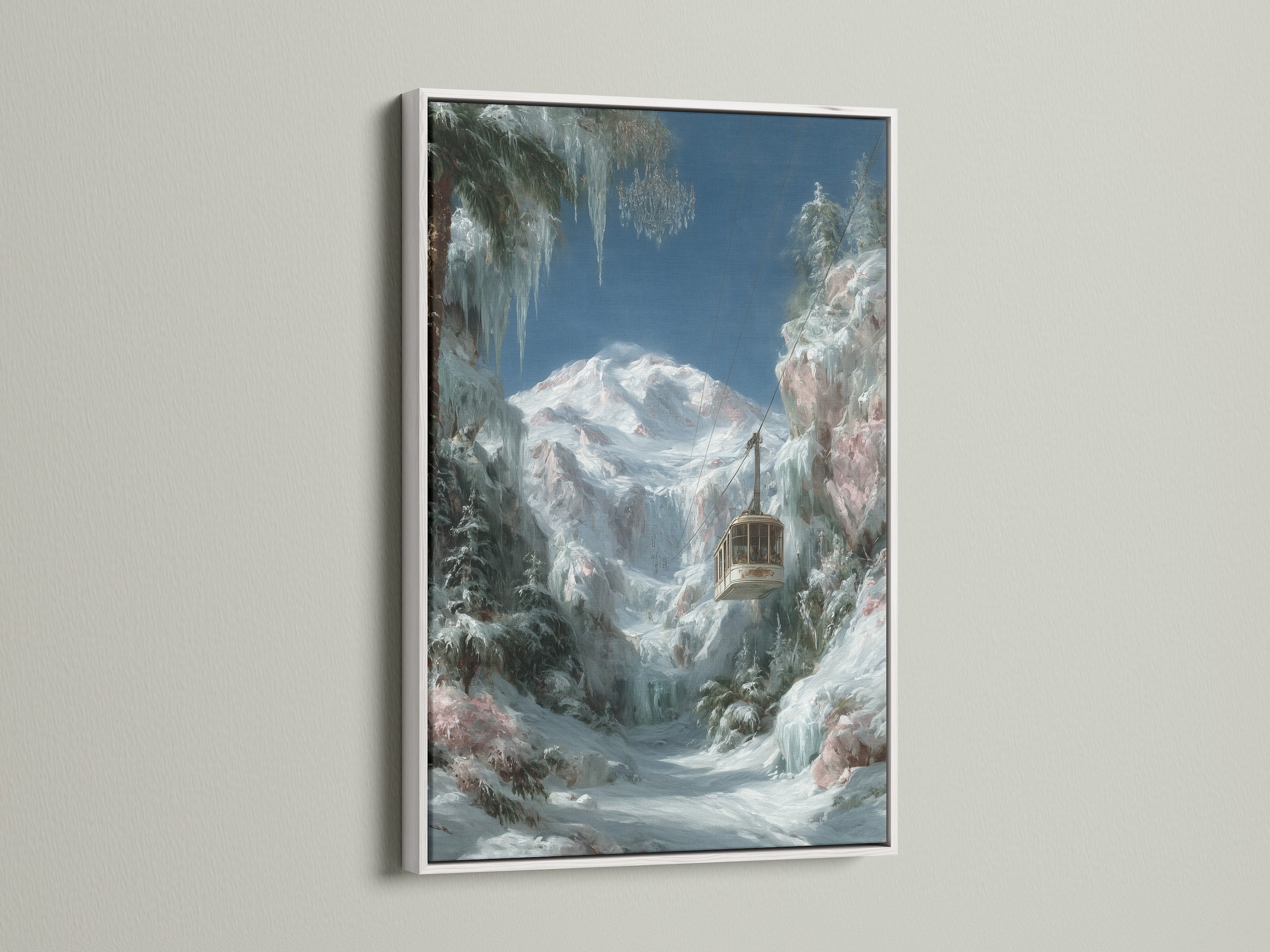 Winter Cabin artwork in a white frame. This snowy mountain landscape wall art brings a cozy alpine scene. The white frame offers a clean modern look. Great for a minimalist aesthetic.