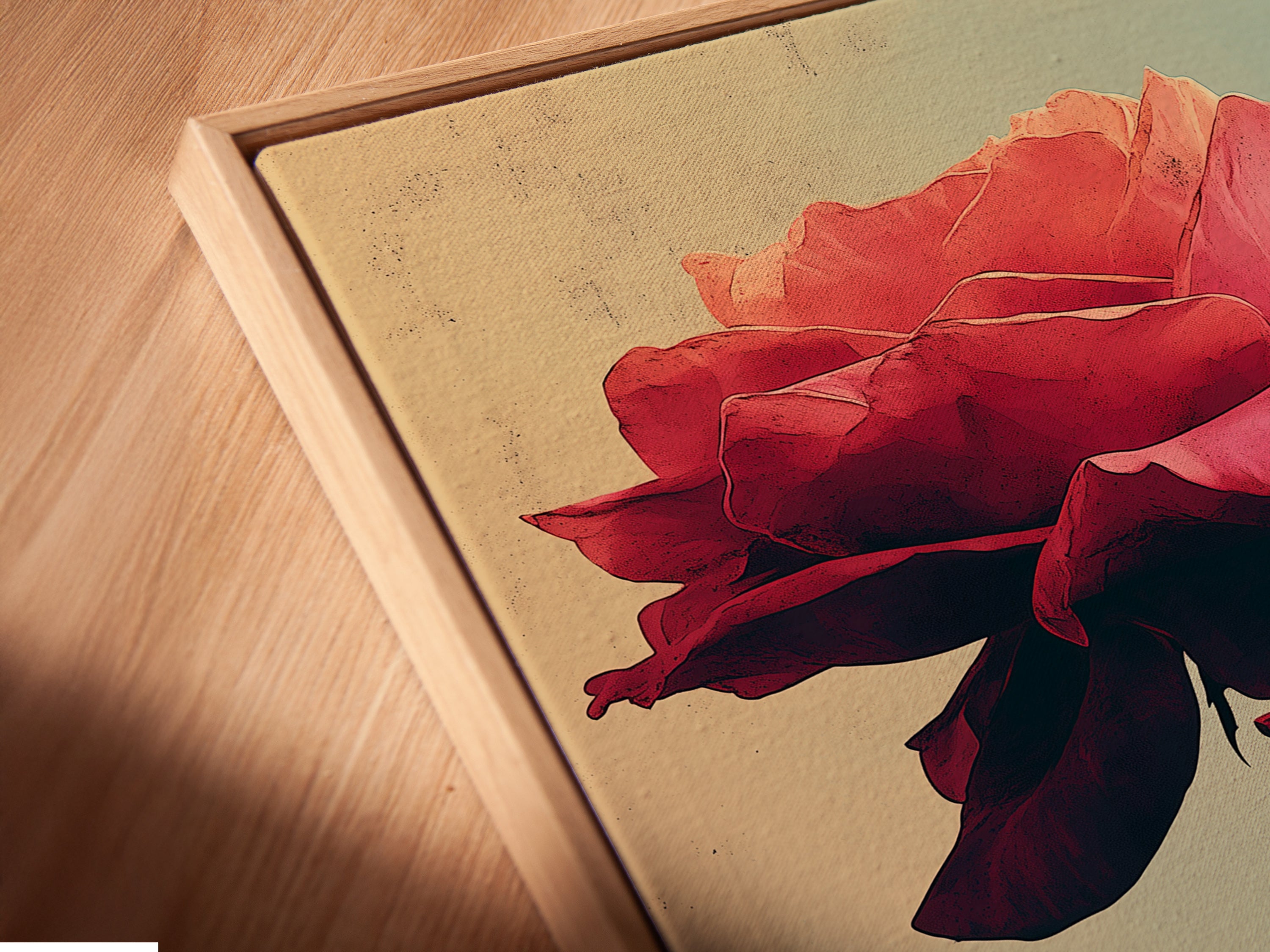 A close-up angled view reveals a canvas print in a floating frame. The vintage rose artwork features peach and coral tones. The botanical flower poster is perfect for bedroom wall decor. This floral canvas adds sophistication to any space. Ideal for homeowners seeking distinctive Wall Art.