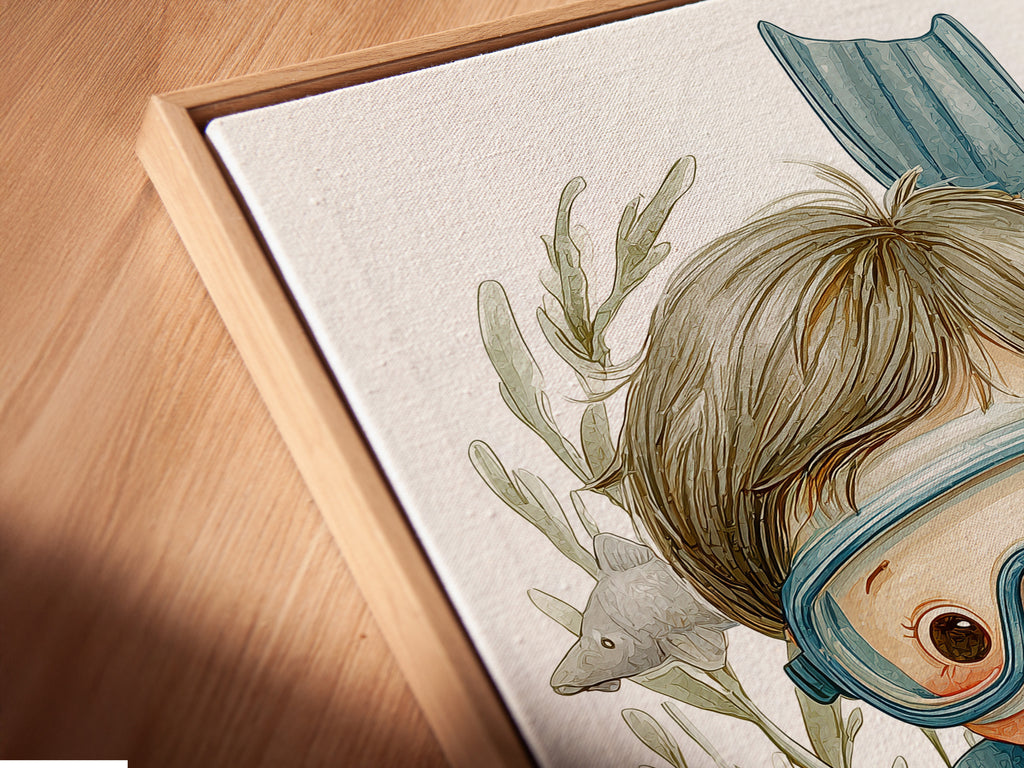 A close-up angled view reveals a canvas print in a floating frame. The scuba diving kids art comes alive. The frame enhances the underwater details. Perfect for adding depth to your ocean-themed room. The floating frame gives the artwork a contemporary look.