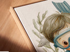 A close-up angled view reveals a canvas print in a floating frame. The scuba diving kids art comes alive. The frame enhances the underwater details. Perfect for adding depth to your ocean-themed room. The floating frame gives the artwork a contemporary look.