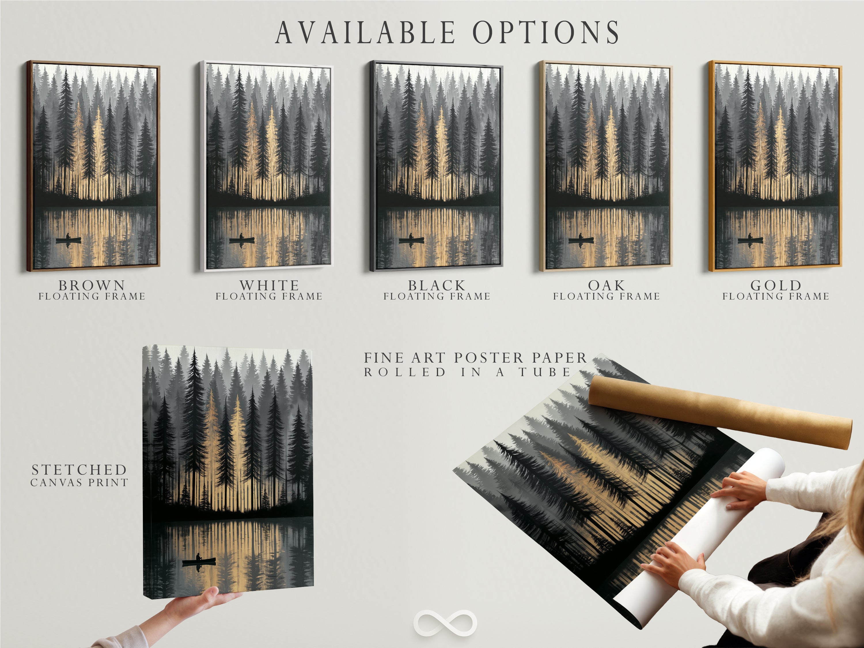Explore the available options for this forest lake artwork. Choose from a stretched canvas print fine art poster paper or floating frame. Each option enhances the golden hour reflection. Find the perfect fit for your home whether for the bedroom or living room wall art.