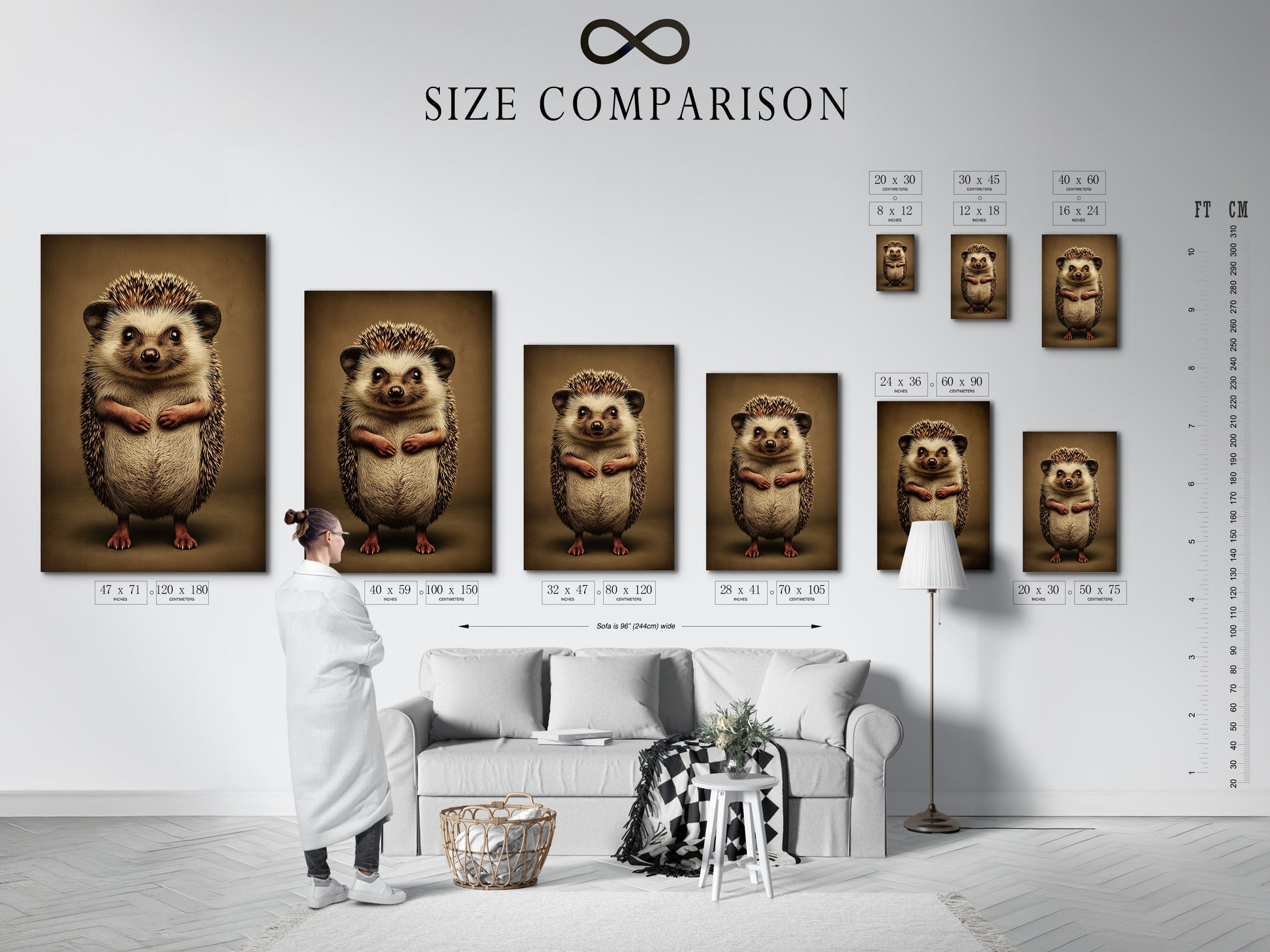 Size comparison chart displayed in an interior setting. The chart helps you visualize the different sizes of artwork. This is perfect for planning your wall decor. Find the ideal size to fit your space and style. Make informed decisions when choosing your art prints and canvas. A helpful tool for art enthusiasts.
