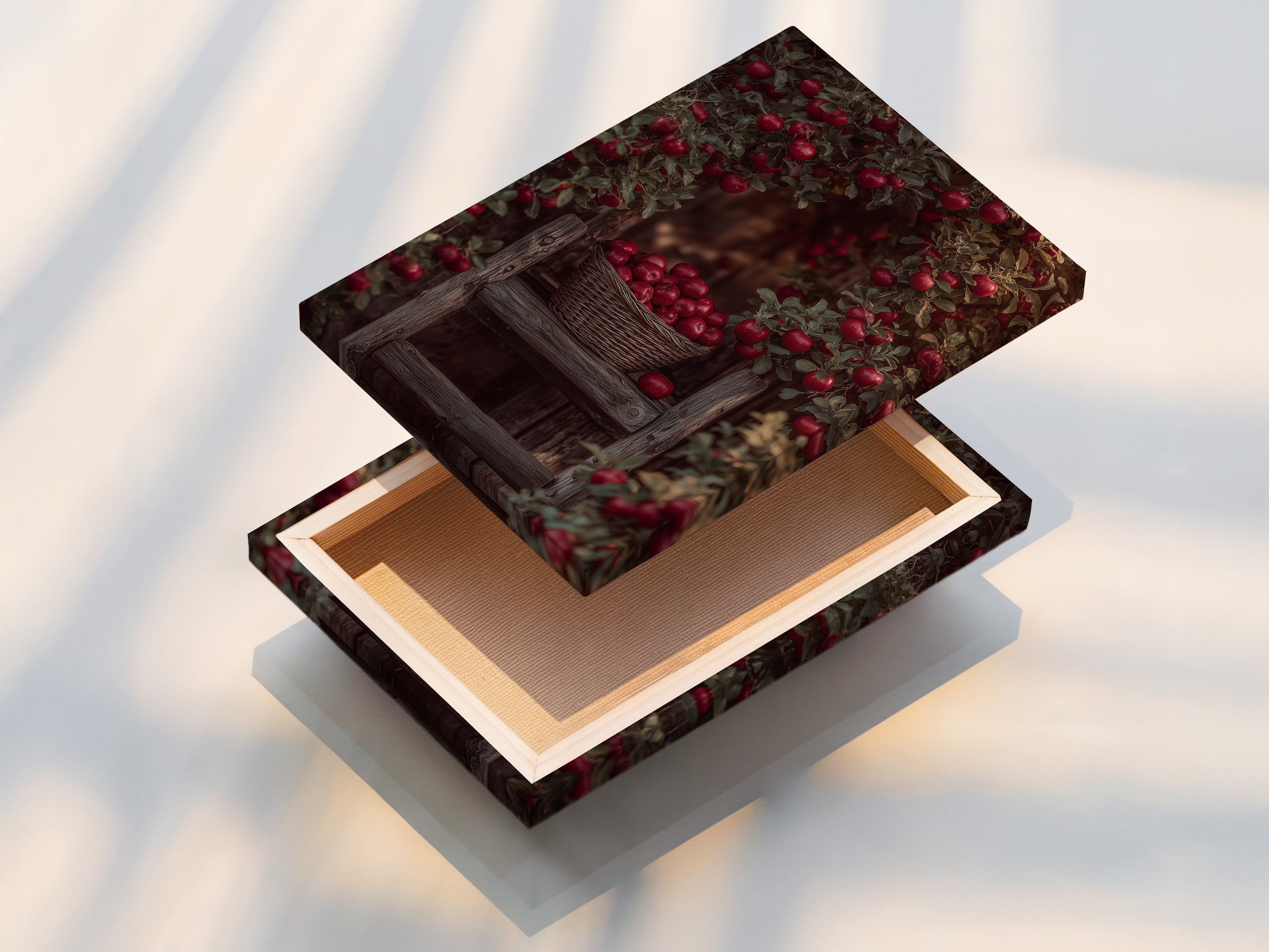 Stretched canvas print of the Apple Orchard artwork. This ready-to-hang piece brings vintage harvest decor to your home. The stretched canvas enhances the rustic farmhouse wall art. Ideal for any room.