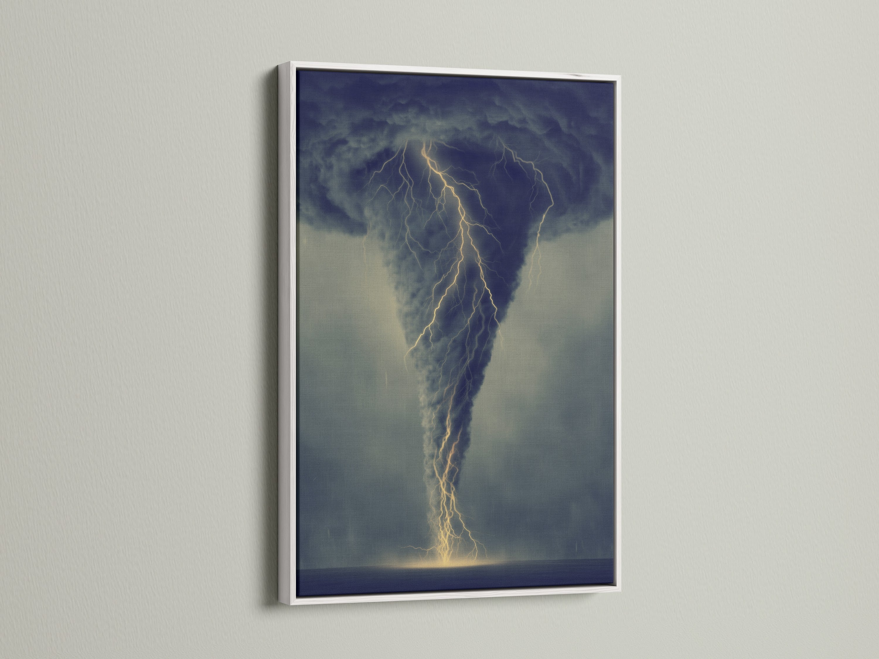 Tornado artwork showcased in a white frame. The lightning print offers a dramatic sky view. This weather wall art is perfect for studios and clinics. The white frame enhances minimalist decor. Explore atmospheric art for your home or office