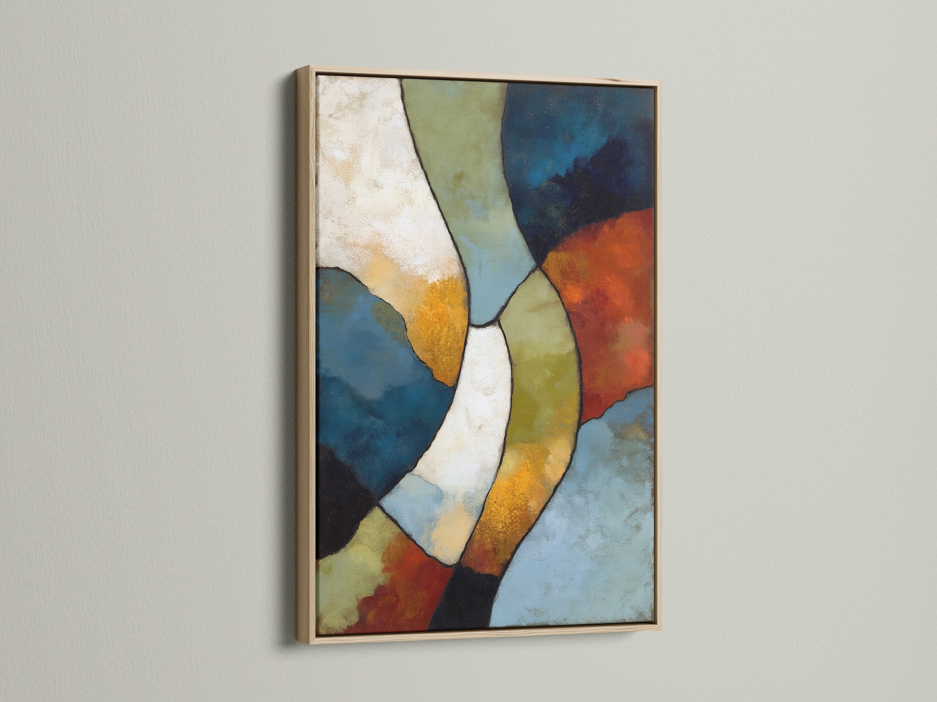 A stunning oak framed abstract geometric artwork is displayed. This colorful modern wall art adds a touch of elegance to any room. The artwork features beige and blue colors. Ideal for homeowners and renters seeking contemporary art.