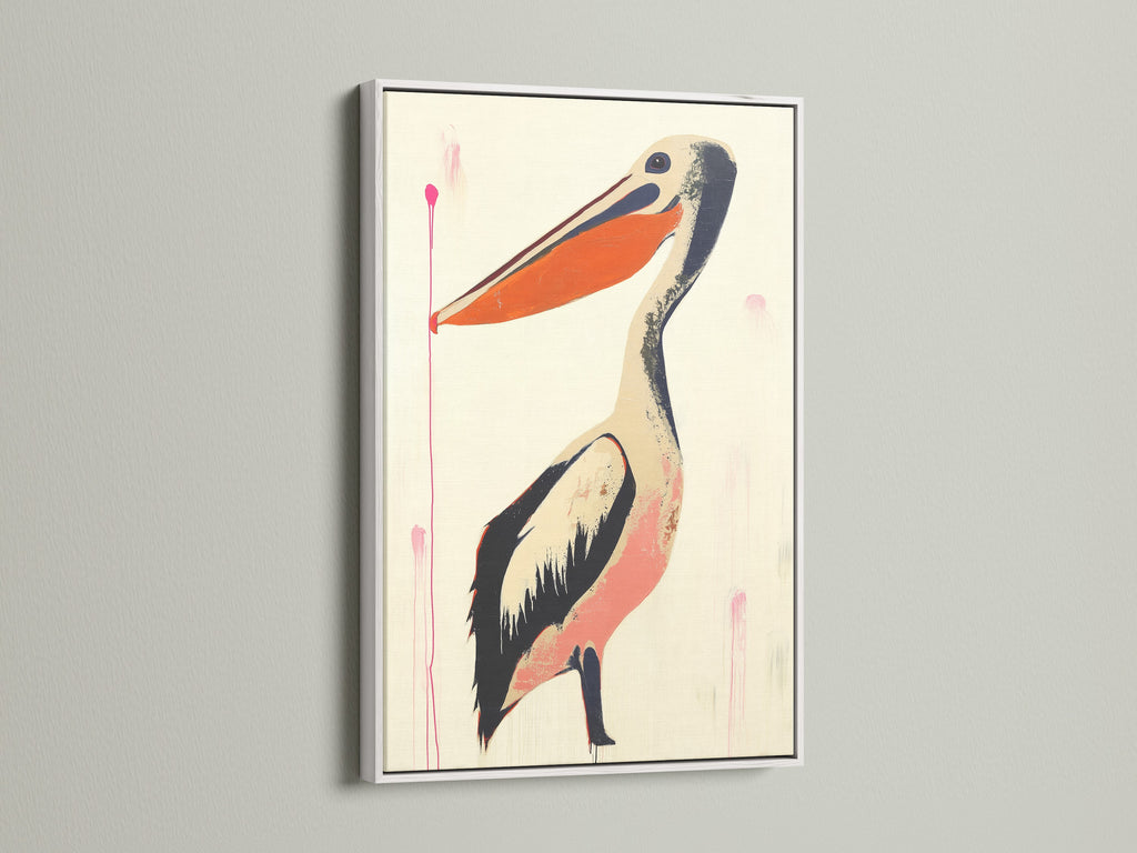 Artwork featuring a pelican in a white frame. The white frame offers a clean look. It provides a modern aesthetic. This artwork is versatile. It complements any interior style. Shop now for a fresh update.