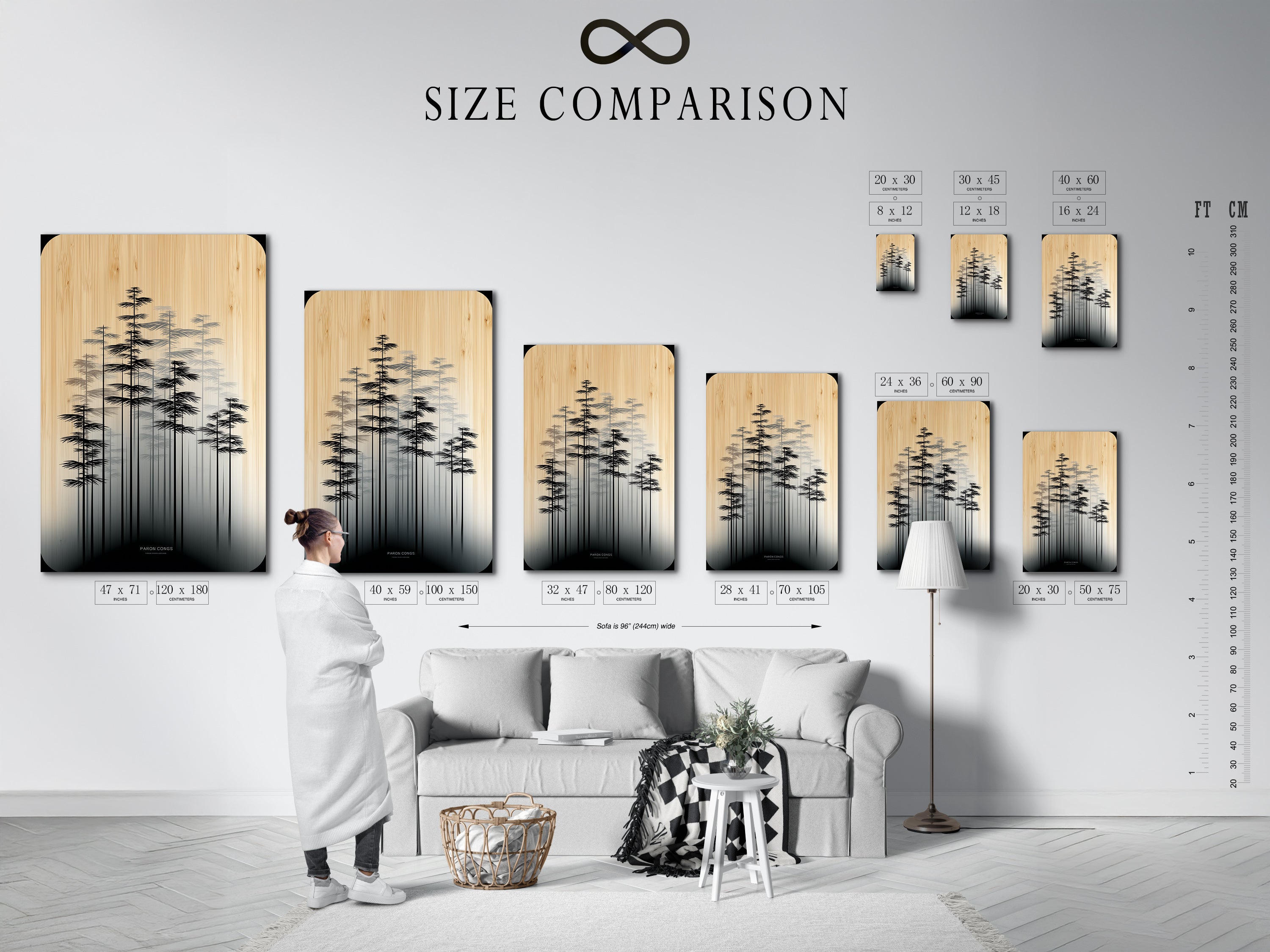 A size comparison chart of the artwork is displayed in an interior setting. See the various sizes of minimalist forest art. Find the perfect Scandinavian wall decor for your space. The neutral tone canvas fits any room. Choose the right tree artwork.