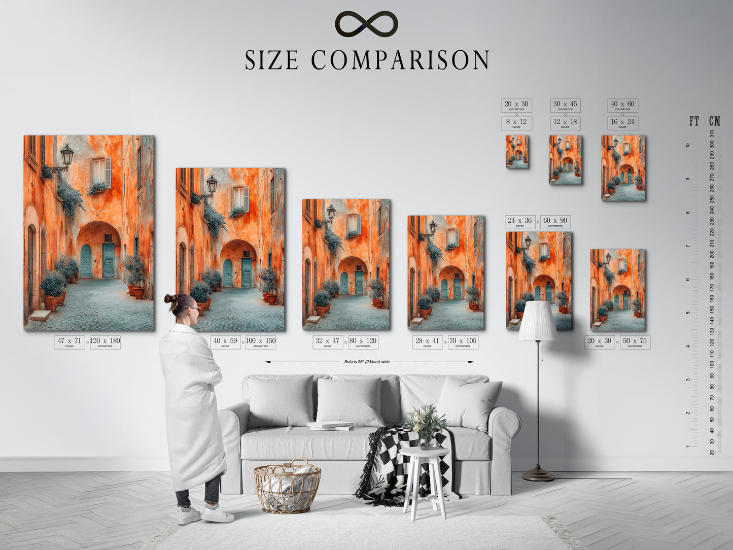 Size comparison chart in an interior setting displaying the Italian Village artwork. The artwork showcases Tuscan architecture. Its warm tones make it inviting. This travel photography print enhances any room. A perfect piece.