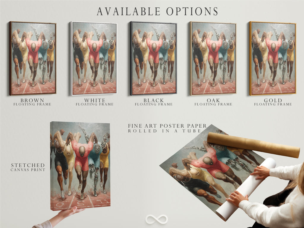 Available options for the running athletes artwork. Choose from a stretched canvas print a fine art poster paper or a floating frame. Each option enhances the artwork's impact. Perfect for creating motivational sports decor in your home gym or office.