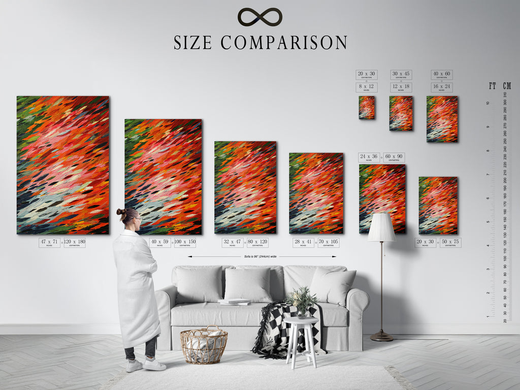 A size comparison chart is displayed in an interior setting. This chart helps visualize how different sizes of abstract brushstroke artwork fit in a room. Helping customers choose the perfect piece for their modern wall decor needs.