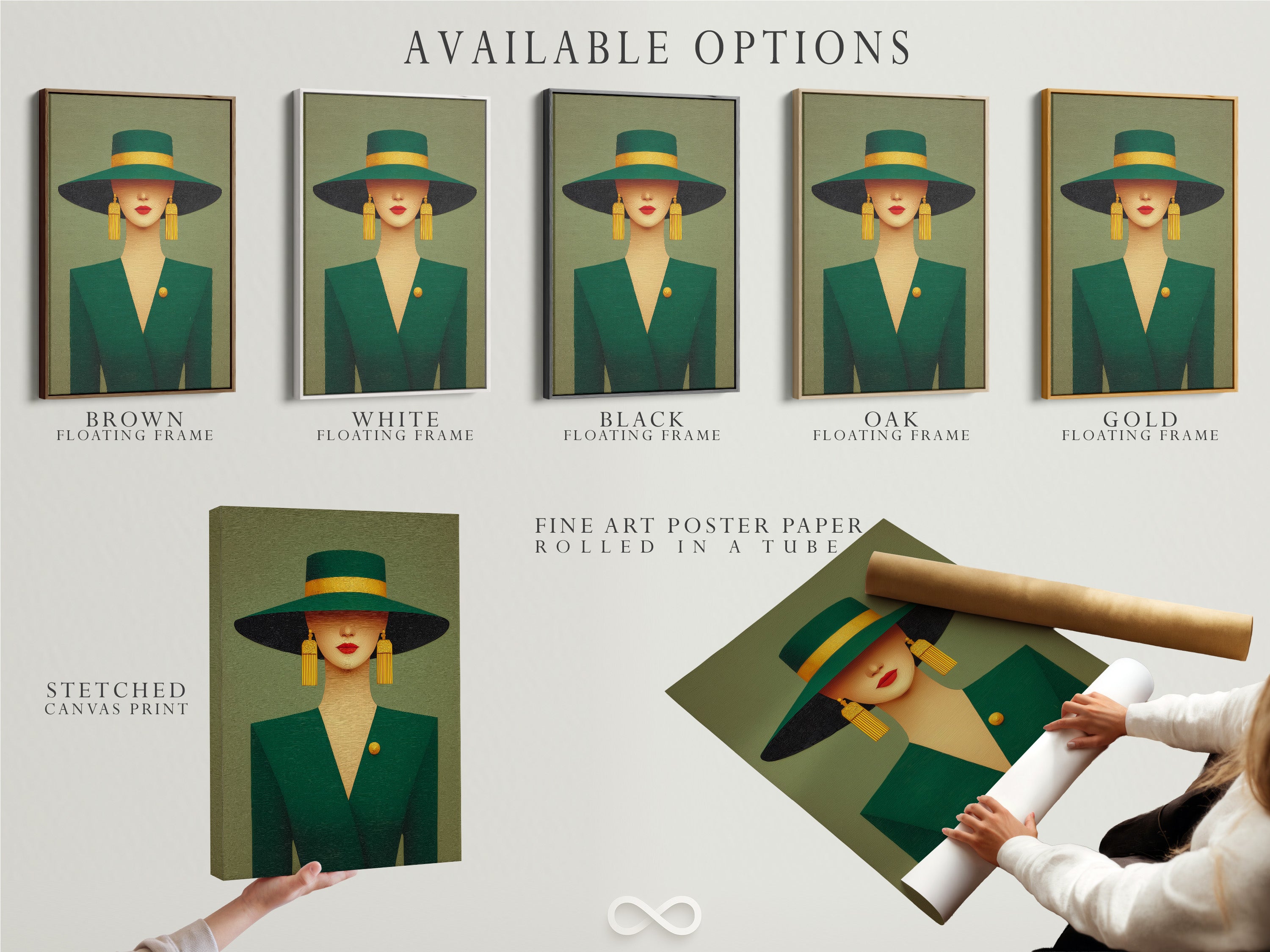 Available artwork options are displayed. Choose from a stretched canvas print. Or a fine art poster paper. Consider a floating frame for a modern look. Find the perfect format to showcase your art.