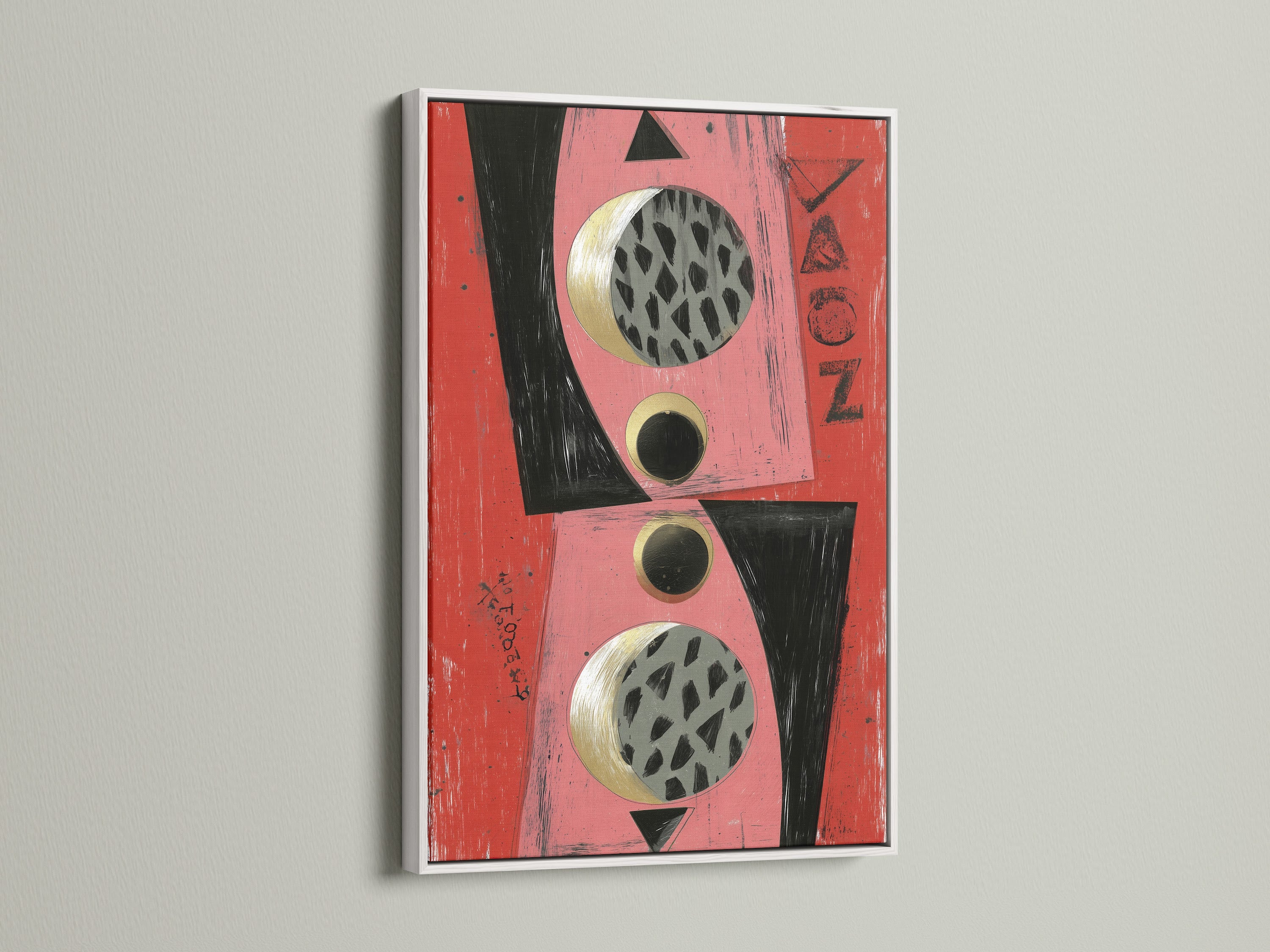 A white frame highlights an abstract geometric artwork. The artwork features bold pink coral black and gold elements. Ideal for modern canvas art lovers. This piece adds sophistication to living rooms boutiques coffee shops studios lobbies and offices seeking elevated wall decor. Elevate your space today