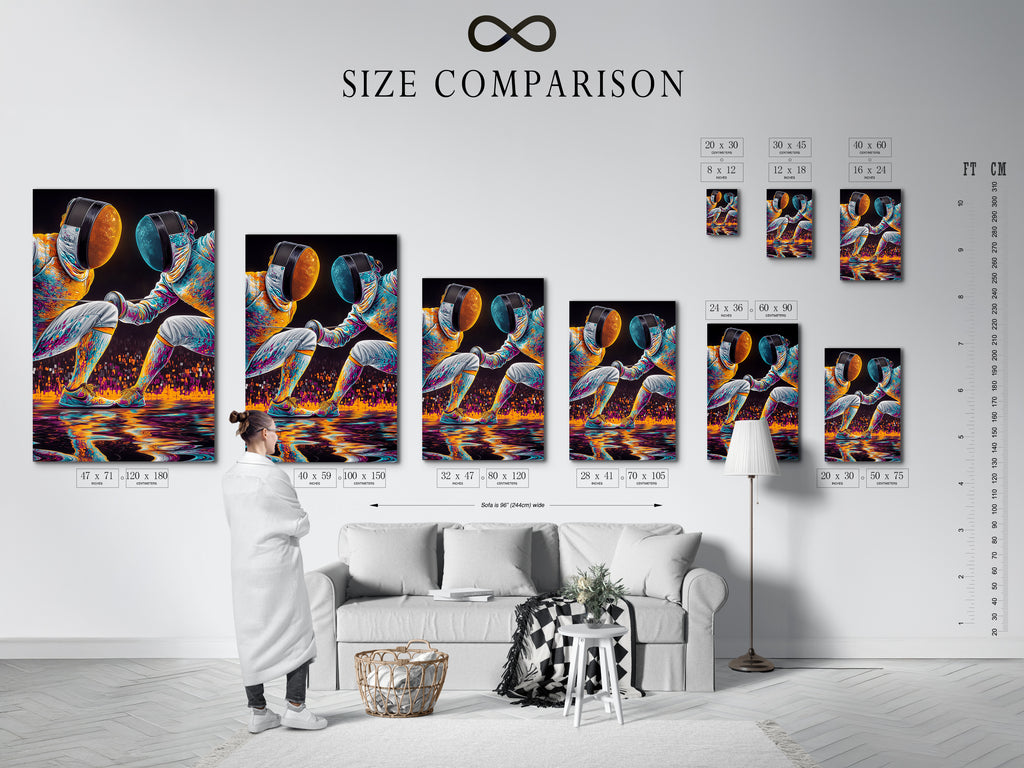 A size comparison chart displayed in an interior setting. This chart helps visualize the Fencing Duel artwork in different sizes. It is perfect for planning your game room decor or teen room design