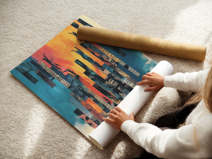 A woman is carefully rolling a fine art poster paper. This high quality paper ensures your artwork looks its best. Ideal for printing abstract figures and musical pieces. Get your modern art printed on premium poster paper. Perfect for teal blue and orange artwork. Preserve the beauty of your art with this fine paper.