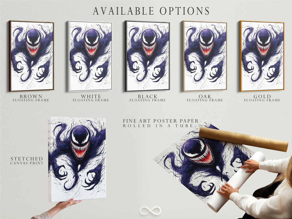 Explore the available options for this symbiote inspired art. Choose between a stretched canvas print or a fine art poster. A floating frame adds a touch of sophistication. Perfect for any horror or comic book art lover.