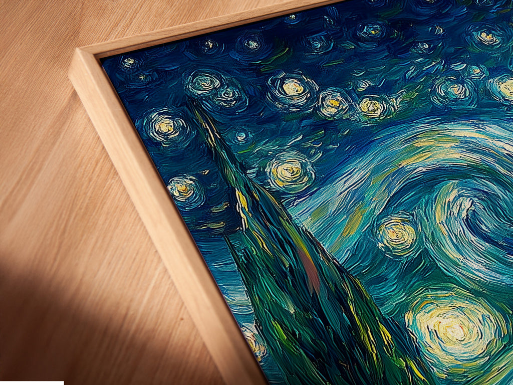 Close-up shot of a canvas print in a floating frame. The floating frame gives the artwork a modern and sophisticated look. It creates a stunning visual effect. The canvas print appears to float. This framed art is ready to hang.