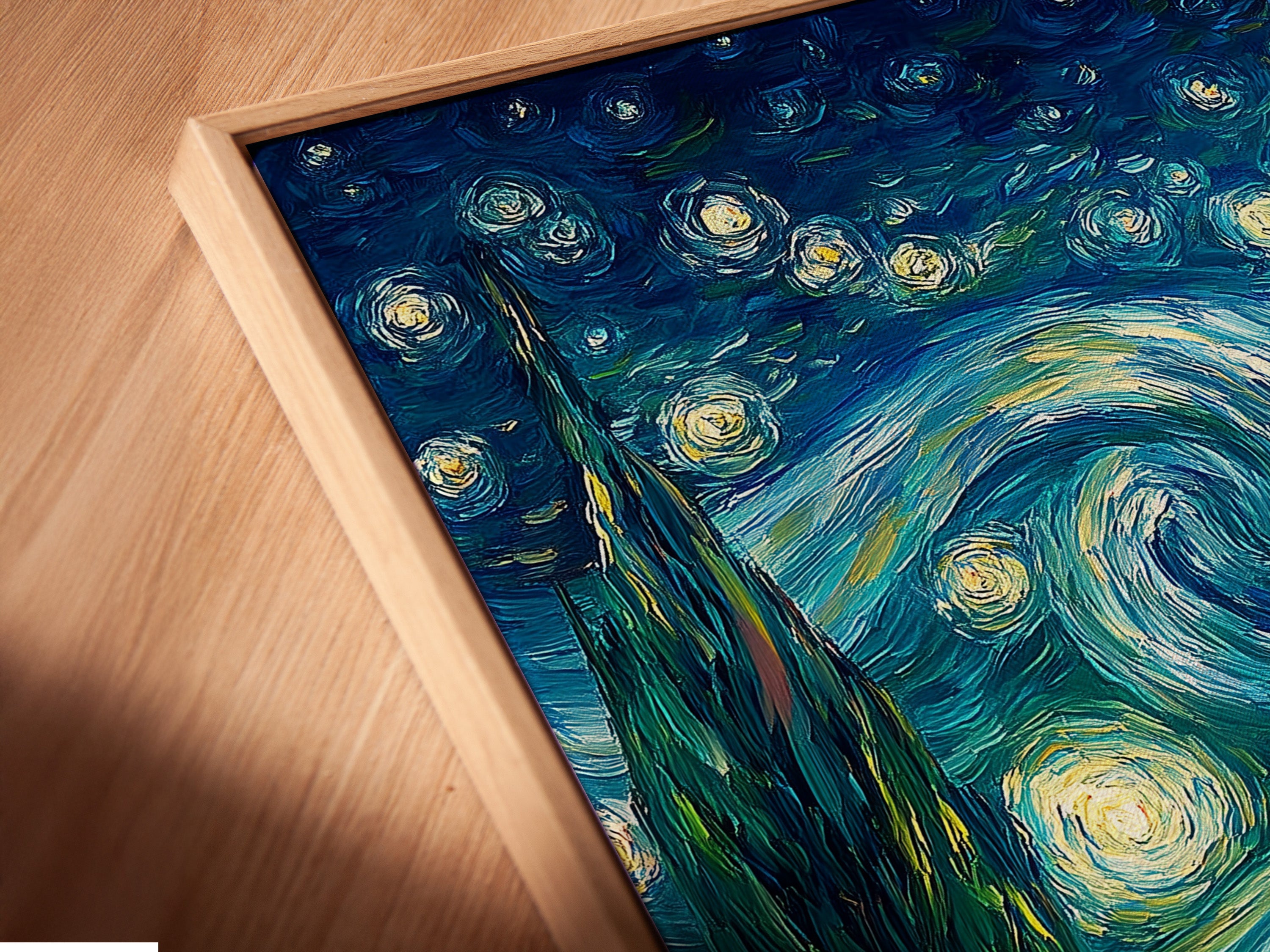 Close-up shot of a canvas print in a floating frame. The floating frame gives the artwork a modern and sophisticated look. It creates a stunning visual effect. The canvas print appears to float. This framed art is ready to hang.