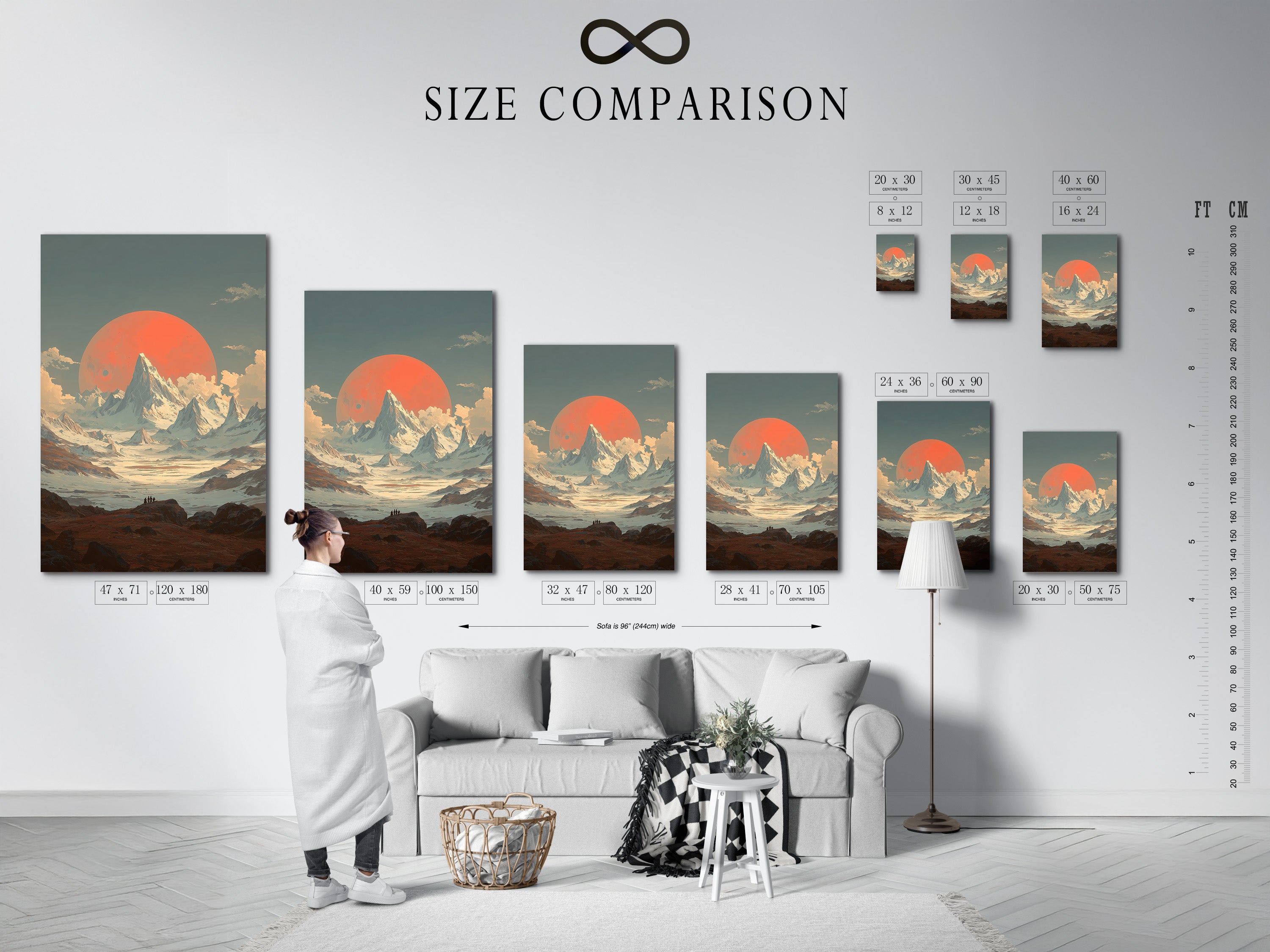 A size comparison chart is displayed in an interior setting. The chart shows various sizes of mountain sunset artwork. It helps visualize the scale of vintage alpine landscape wall art. The coral sun print can fit any space. Find the perfect size for your decor.