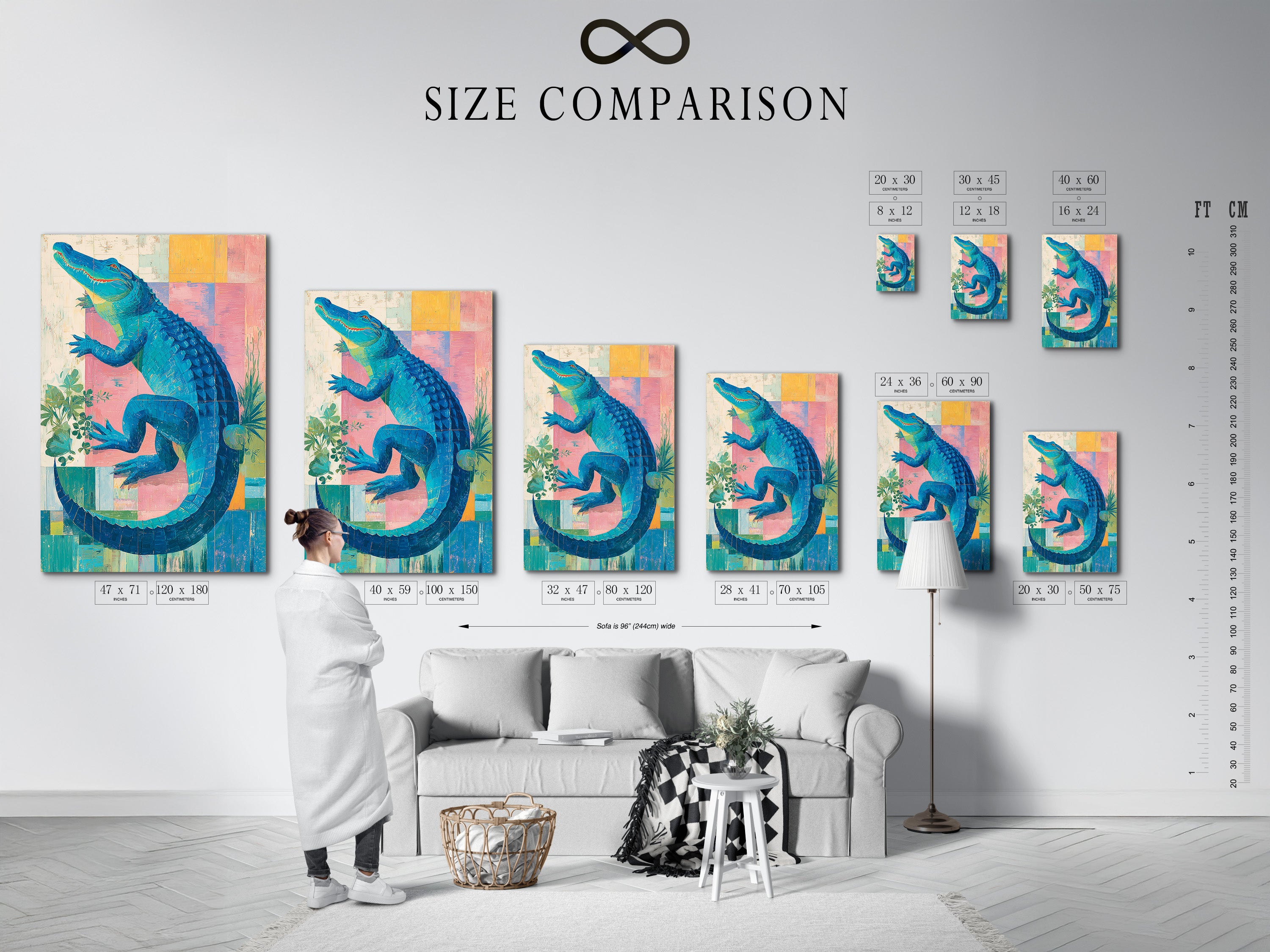 A size comparison chart shows the alligator artwork in an interior setting. Visualize the perfect fit for your space. Choose the ideal size to complement your room. It is great for bathroom or living room wall art.