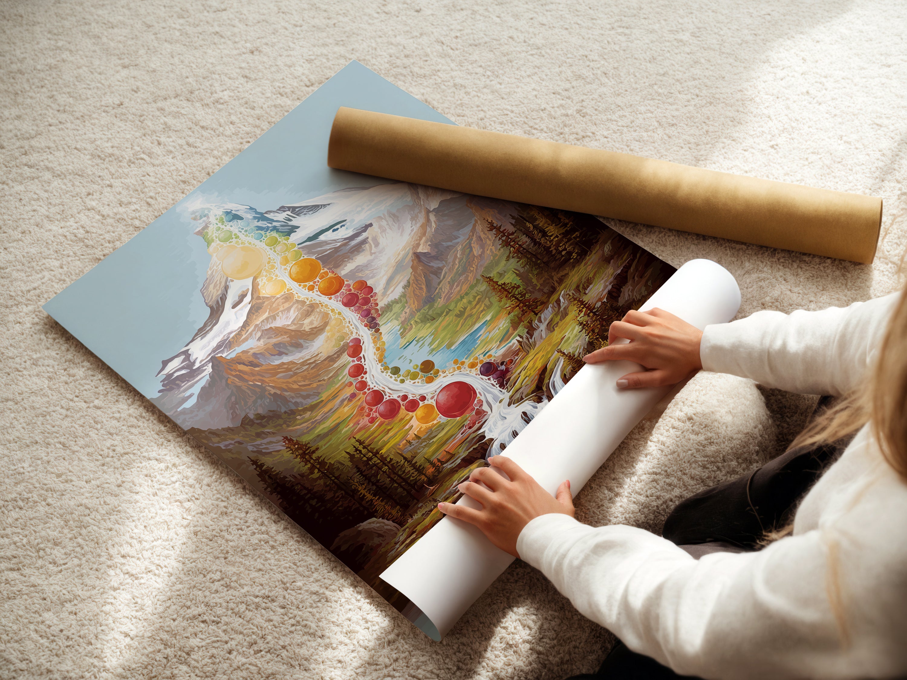 A woman is carefully rolling a fine art poster paper featuring the Chakra Mountain artwork. This spiritual landscape print is perfect for meditation rooms. The fine art paper enhances the vibrant colors of the rainbow waterfall. Ideal for those seeking zen wall decor. Add mindfulness to your space.