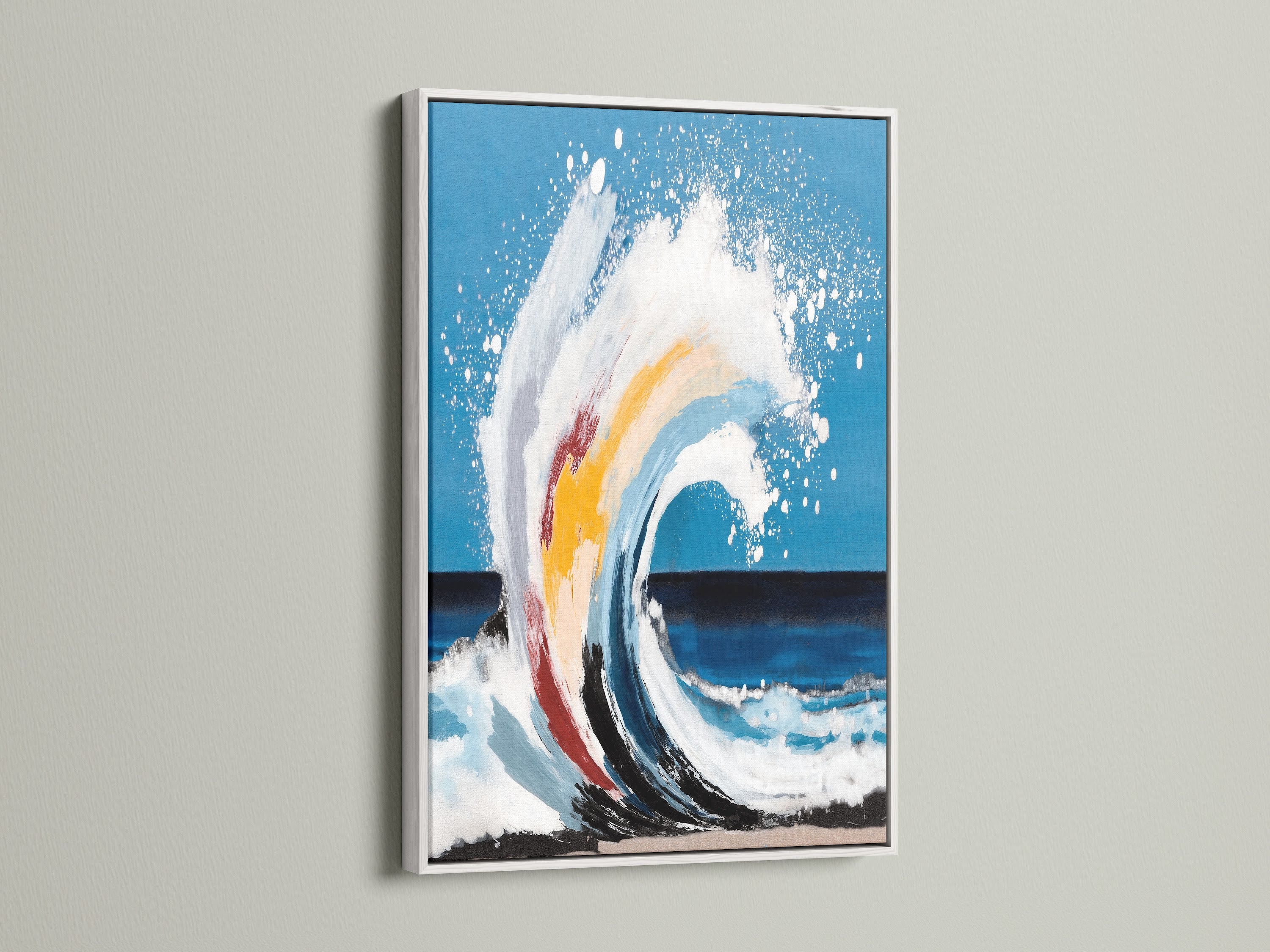 The white frame offers a clean modern look for the ocean artwork. The bright frame enhances the teal blue hues. It is perfect for minimalist or Scandinavian interiors. This coastal wall art is a great choice.