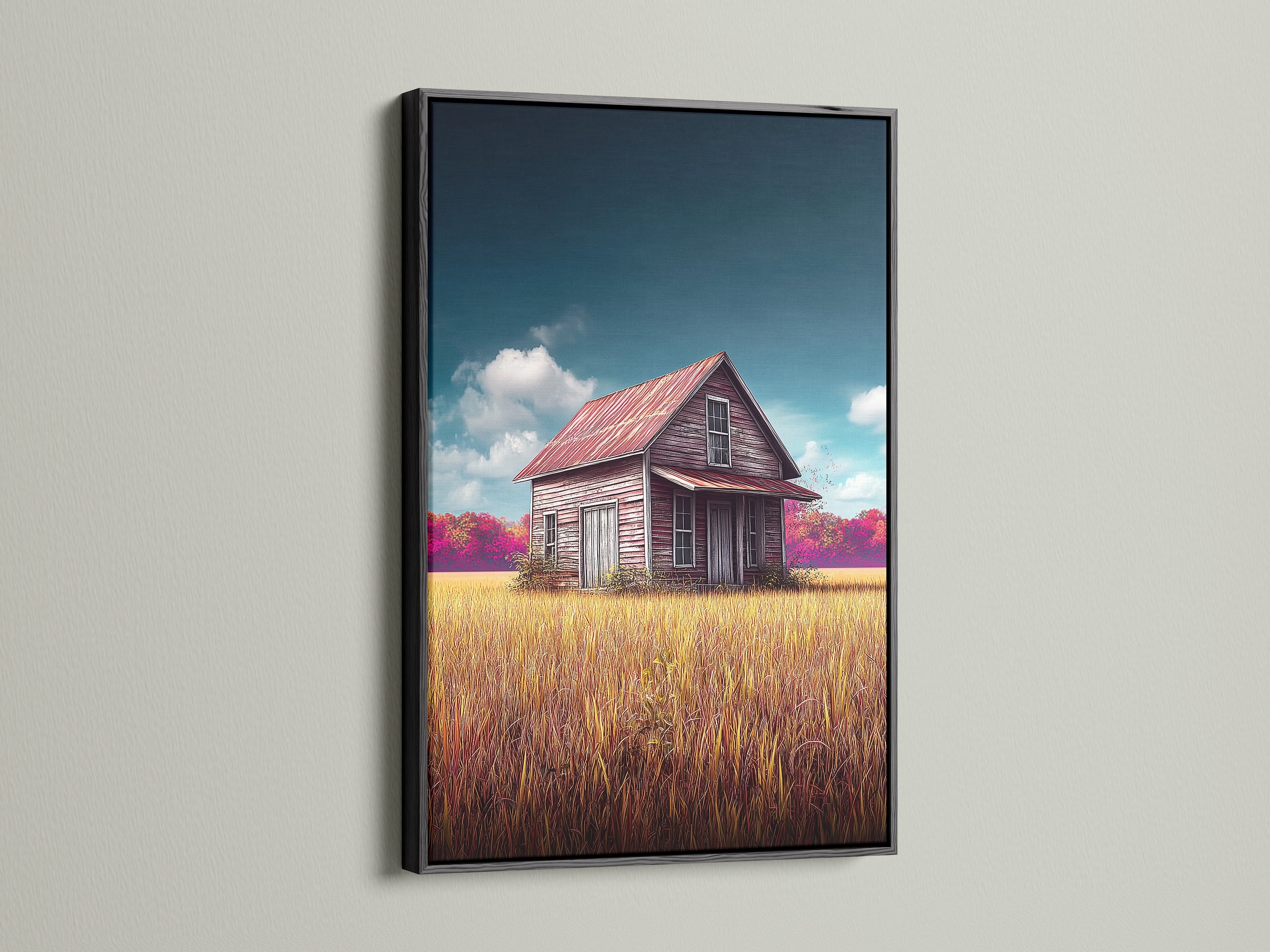 Create a bold statement with this farmhouse artwork. The black frame adds a modern touch to the vintage country landscape on the barn canvas print. This rustic wall art is perfect for adding contrast and sophistication to your decor. Enjoy the striking visual impact.