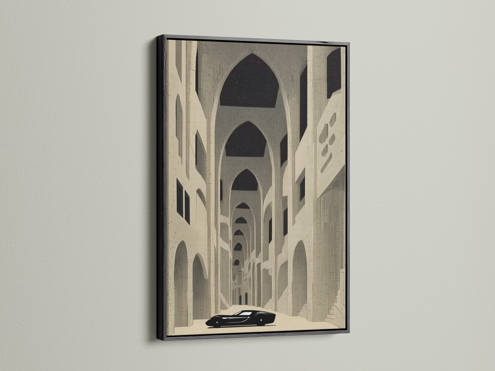 Create a bold statement with a black frame. This gothic wall decor piece gains sophistication. A black frame provides a striking contrast for cathedral canvas. Enhance your vintage wall art with this classic choice. A great choice for architecture decor.