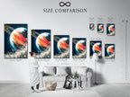 Size comparison chart featuring Saturn art in an interior setting. Visualize the space canvas size in your home. The galaxy wall art fits various spaces. This celestial decor transforms any room. Find the perfect abstract print size as bedroom art. The colorful art will fit perfectly.