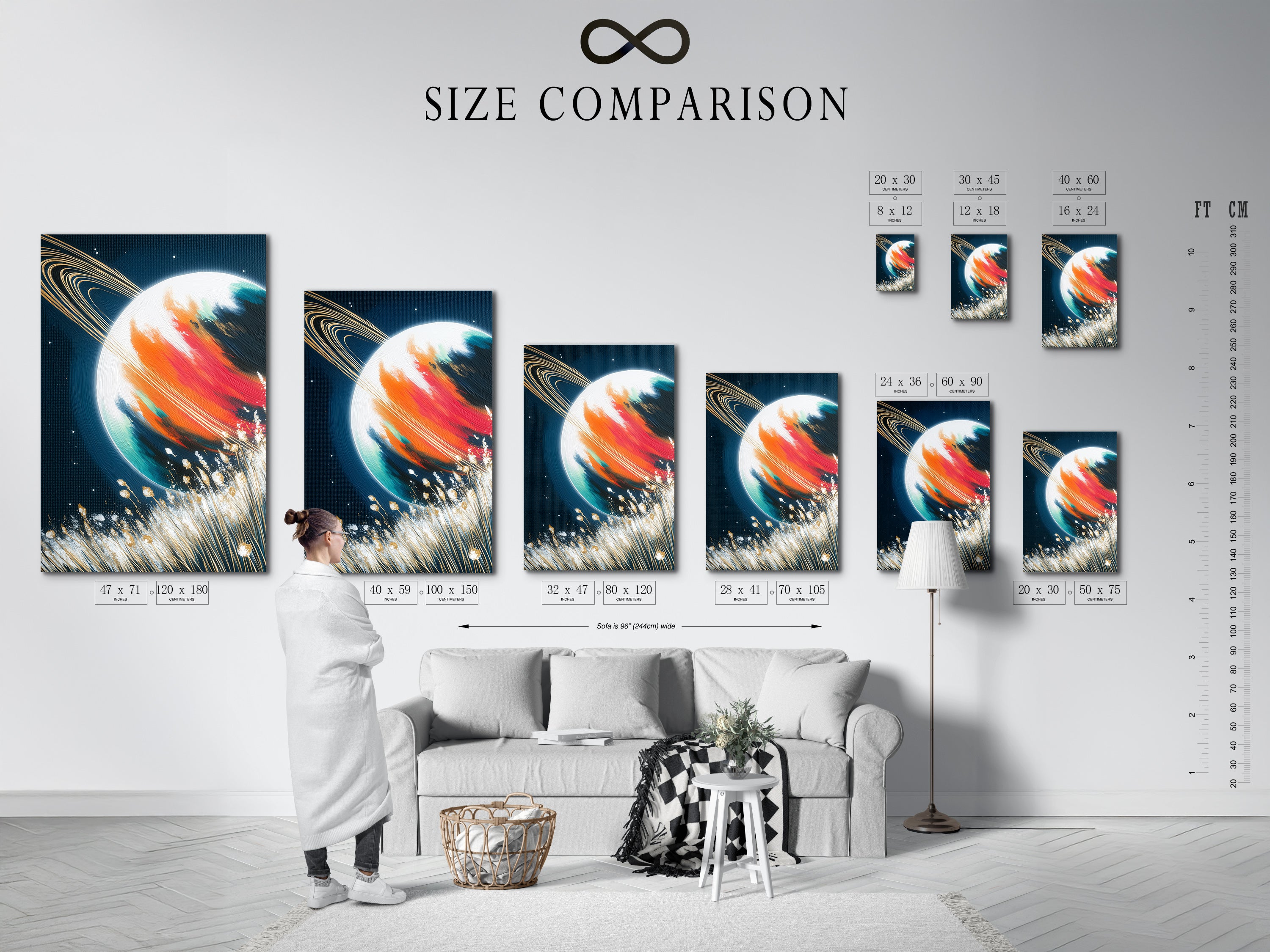 Size comparison chart featuring Saturn art in an interior setting. Visualize the space canvas size in your home. The galaxy wall art fits various spaces. This celestial decor transforms any room. Find the perfect abstract print size as bedroom art. The colorful art will fit perfectly.