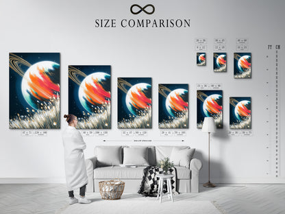 Size comparison chart featuring Saturn art in an interior setting. Visualize the space canvas size in your home. The galaxy wall art fits various spaces. This celestial decor transforms any room. Find the perfect abstract print size as bedroom art. The colorful art will fit perfectly.