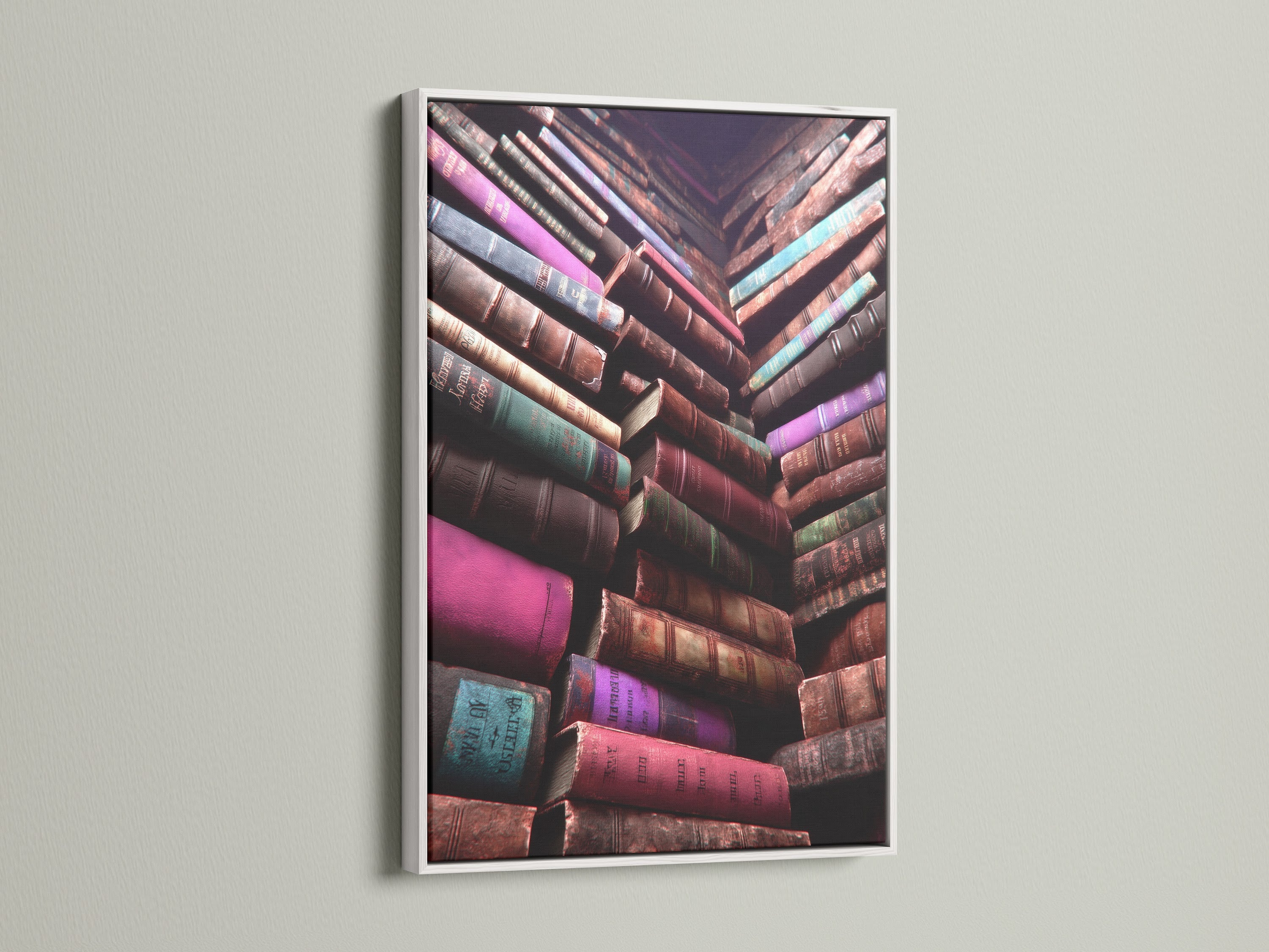 Vintage Books Canvas Artwork with a white frame. This is perfect for traditional and eclectic styles. The stacked books create a unique look. It is a great option for study room wall art. A bookish print is perfect for classrooms and bookshops.