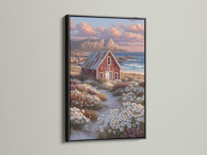 Seaside wall art with a coastal landscape and rustic red barn. This artwork is framed in a sleek black frame. The piece adds elegance to any country home. Perfect for creating a cozy coastal atmosphere.