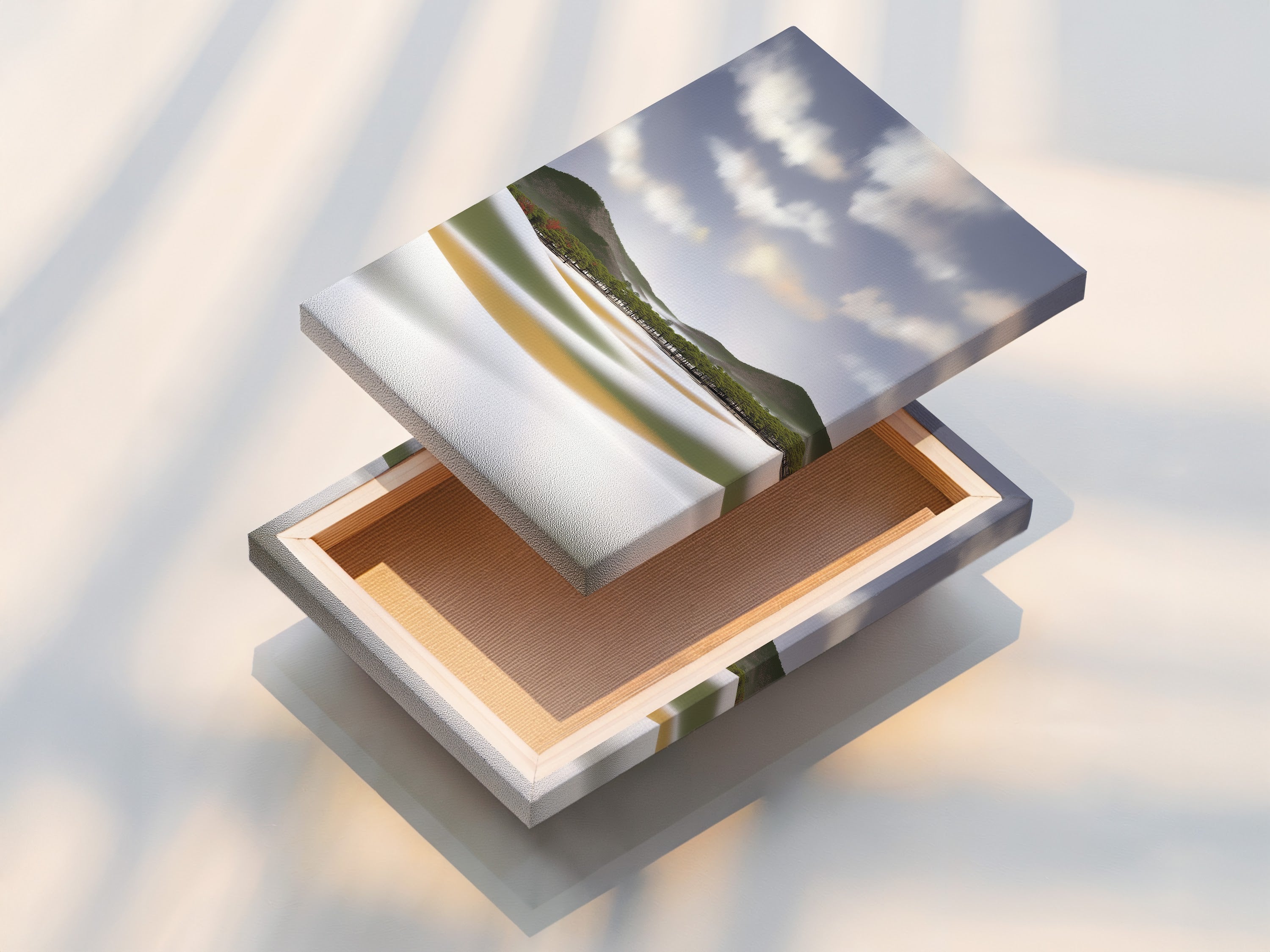 Beautiful stretched canvas print of a coastal landscape. This modern wall art is ready to hang. The stretched canvas print enhances the serene nature print. Perfect for adding a touch of coastal decor to any room. Elevate your space with this stunning beach canvas print.