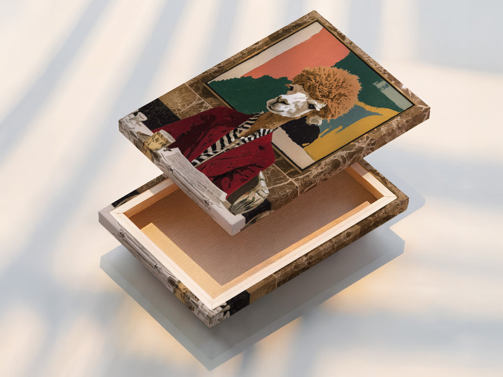 This stretched canvas print shows a quirky llama. The whimsical animal art brightens any room. This vintage portrait is ready to hang. Consider animal canvas art for your decor.